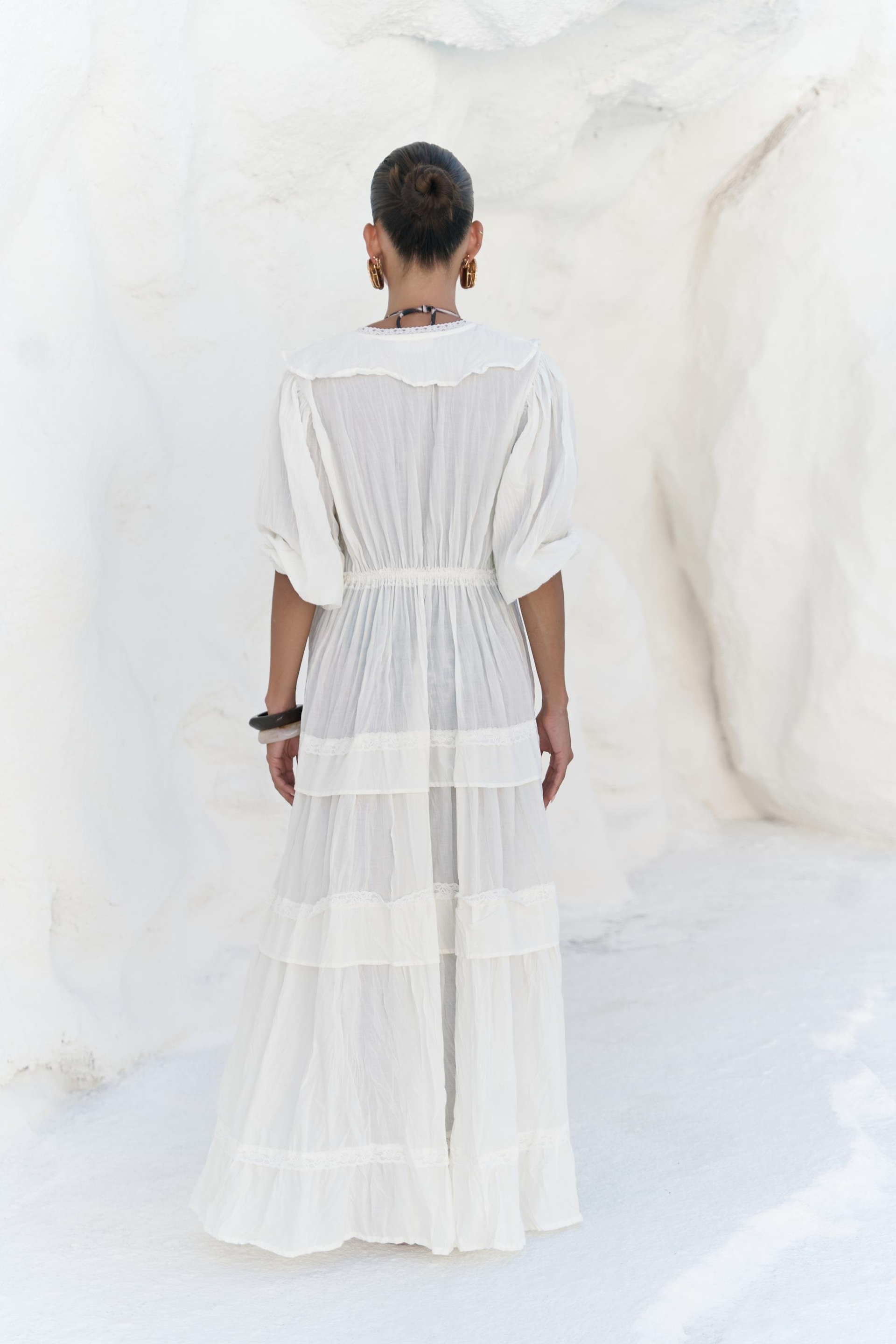 Trieste Dantel Detay Ekru Uzun Elbise