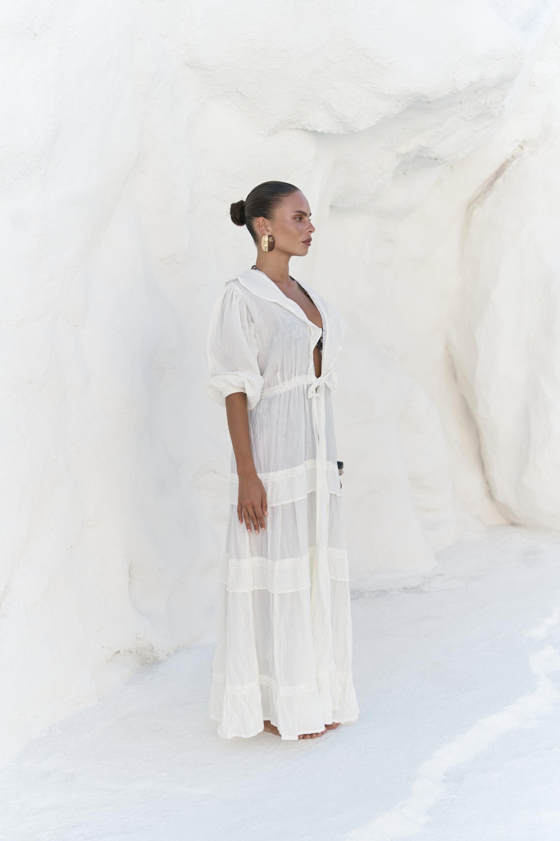 Trieste Dantel Detay Ekru Uzun Elbise