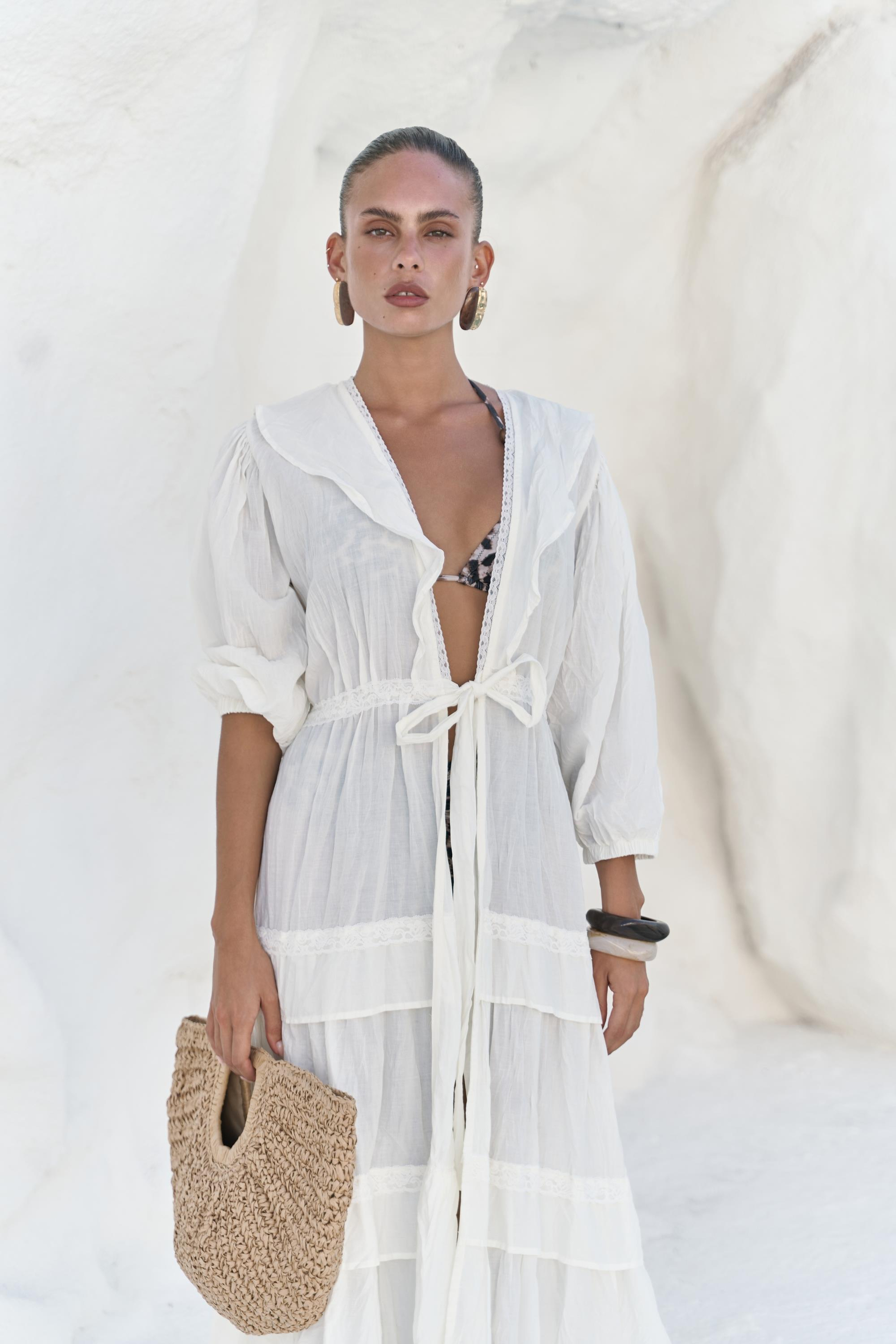 Trieste Dantel Detay Ekru Uzun Elbise