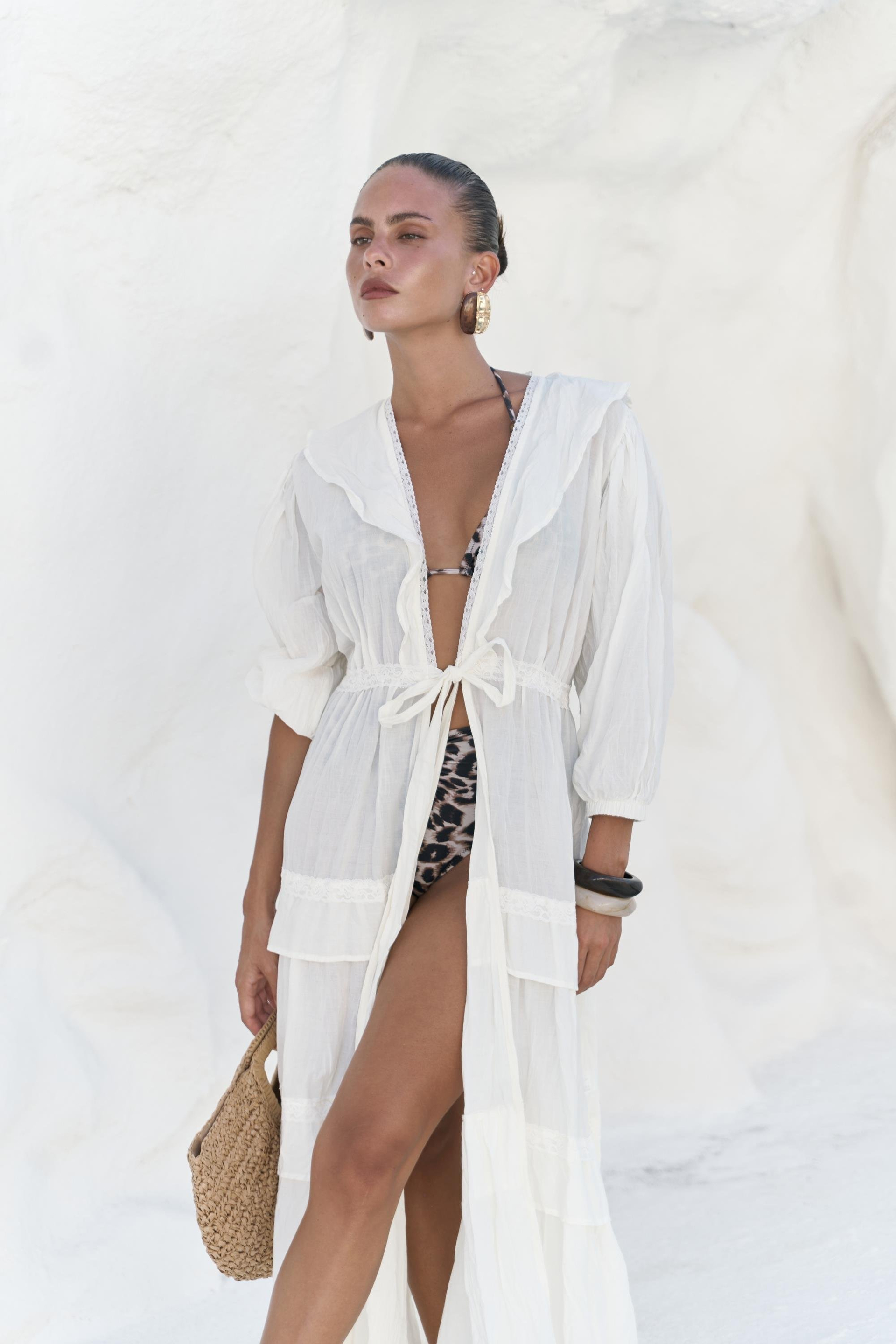 Trieste Dantel Detay Ekru Uzun Elbise