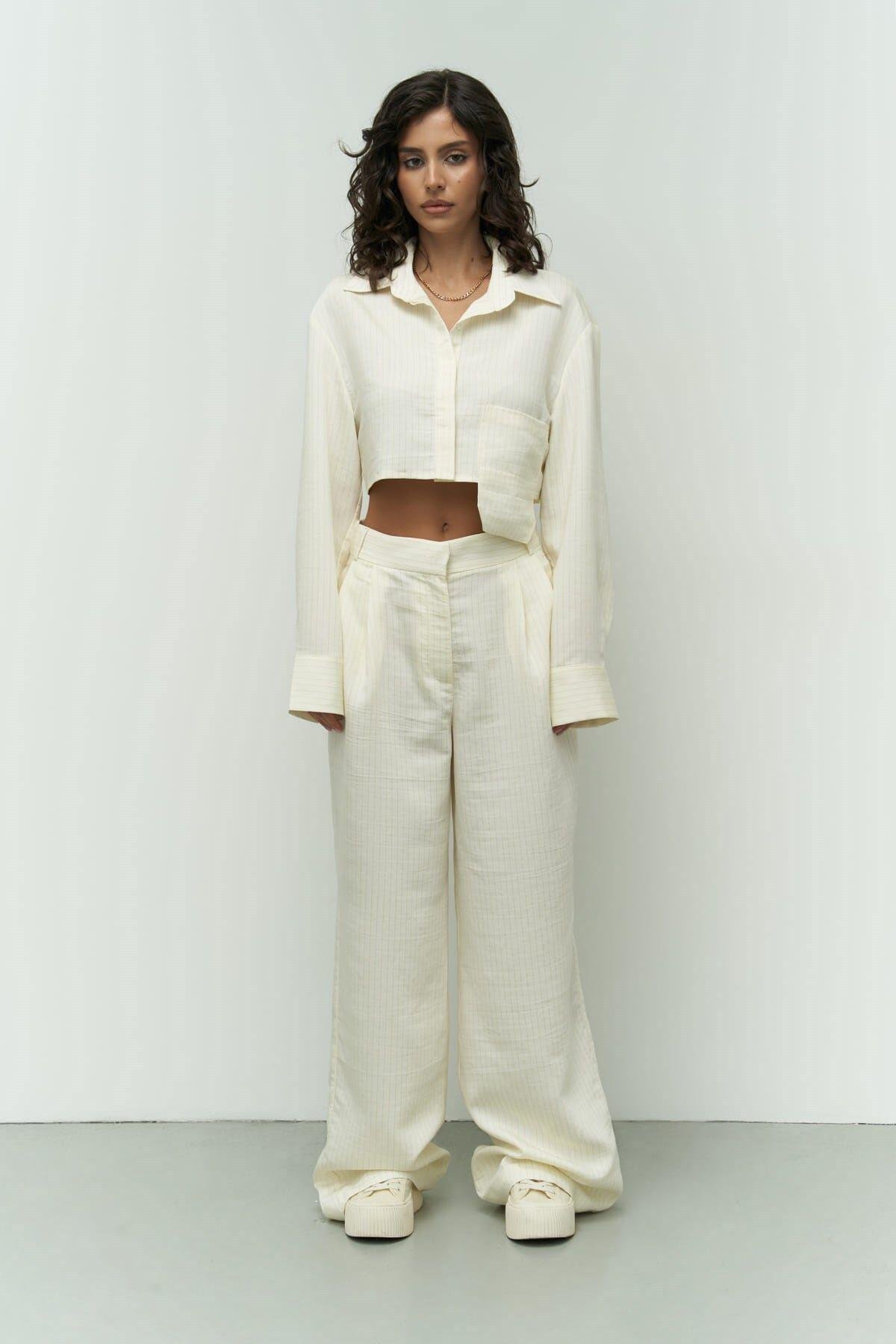 Valente Ekru Crop Gömlek Pantolon Takım