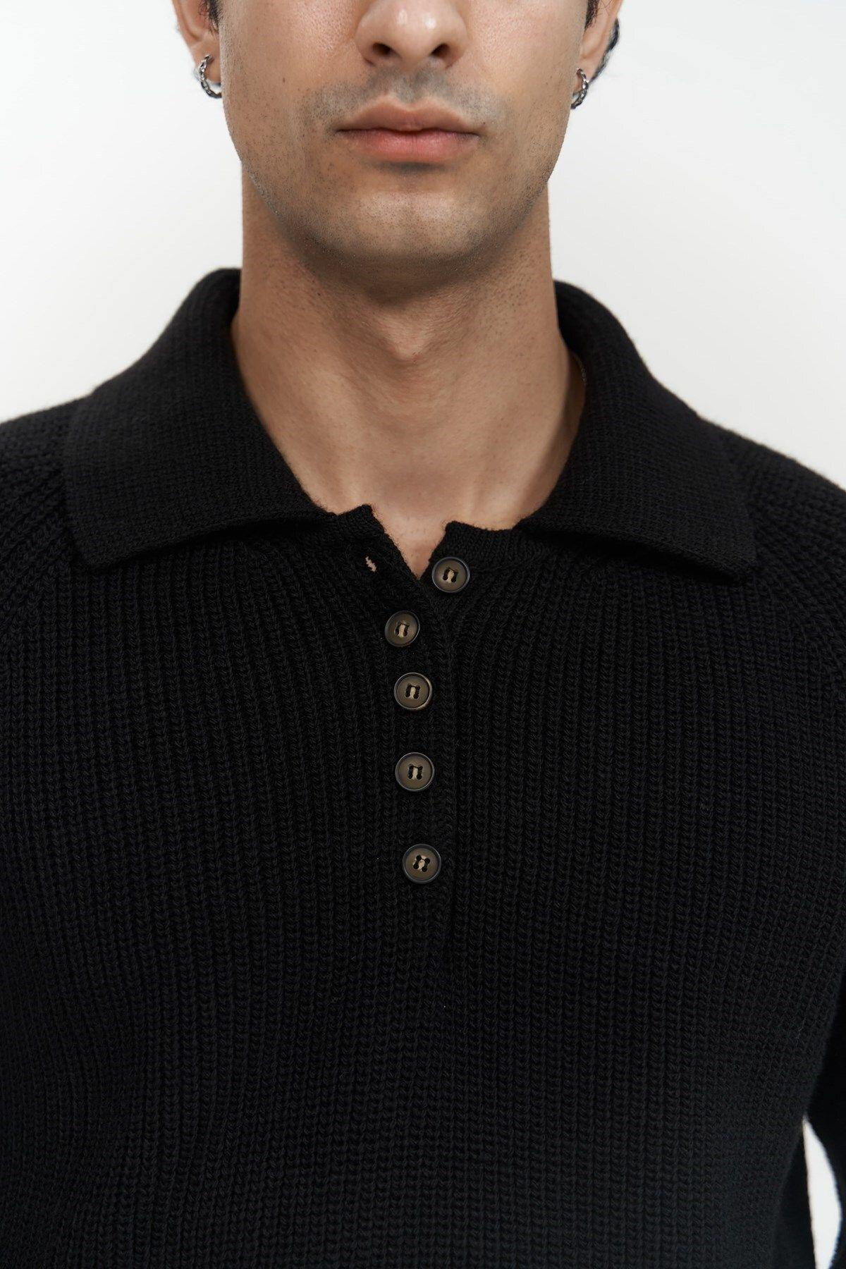 Vander Düğme Detay Siyah Erkek Triko Kazak