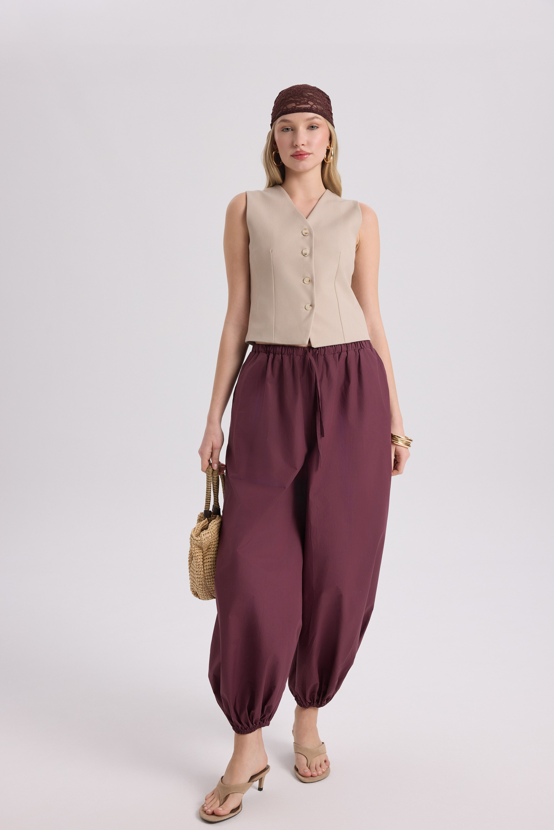 Velora Bordo Poplin Şalvar Pantolon
