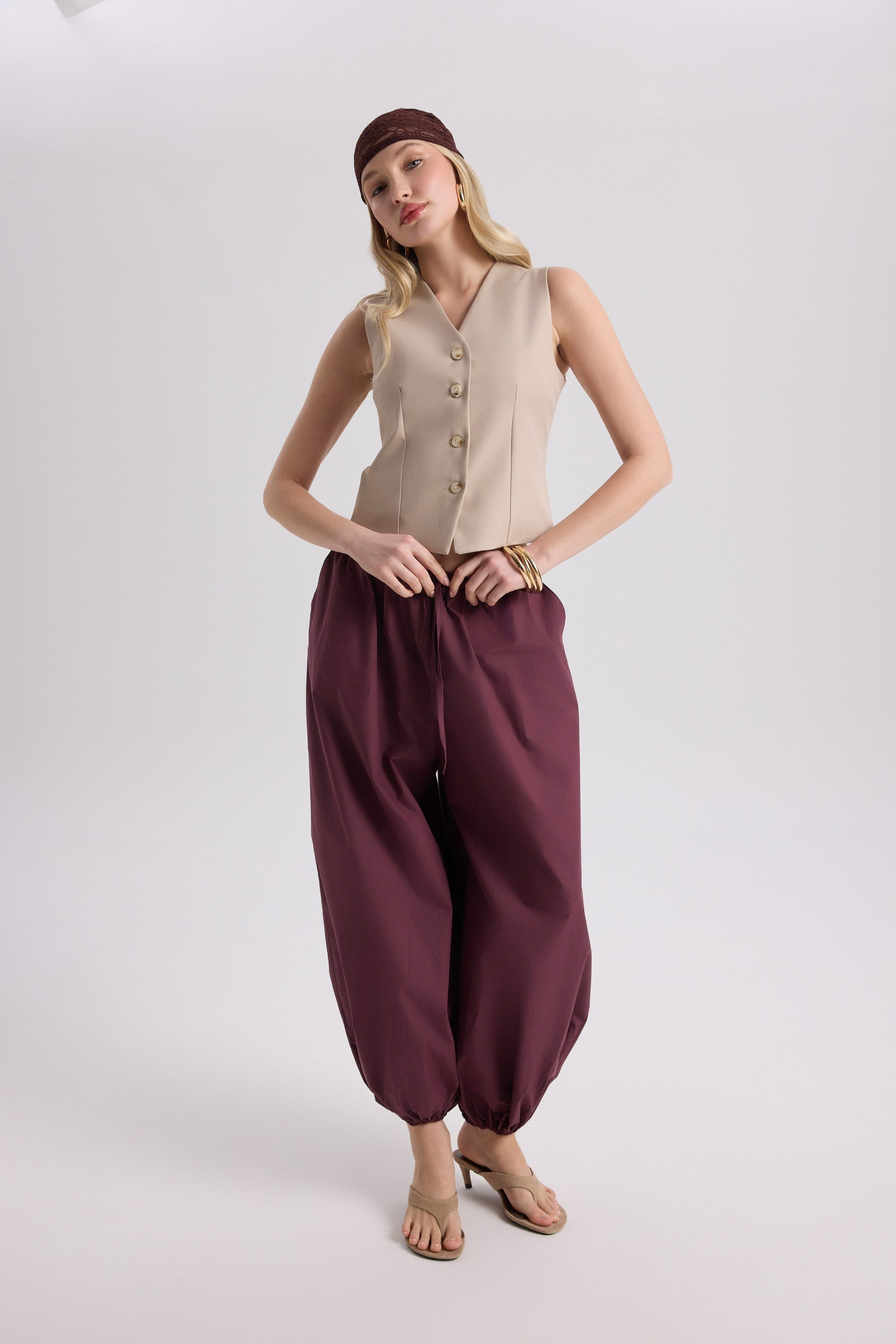 Velora Bordo Poplin Şalvar Pantolon