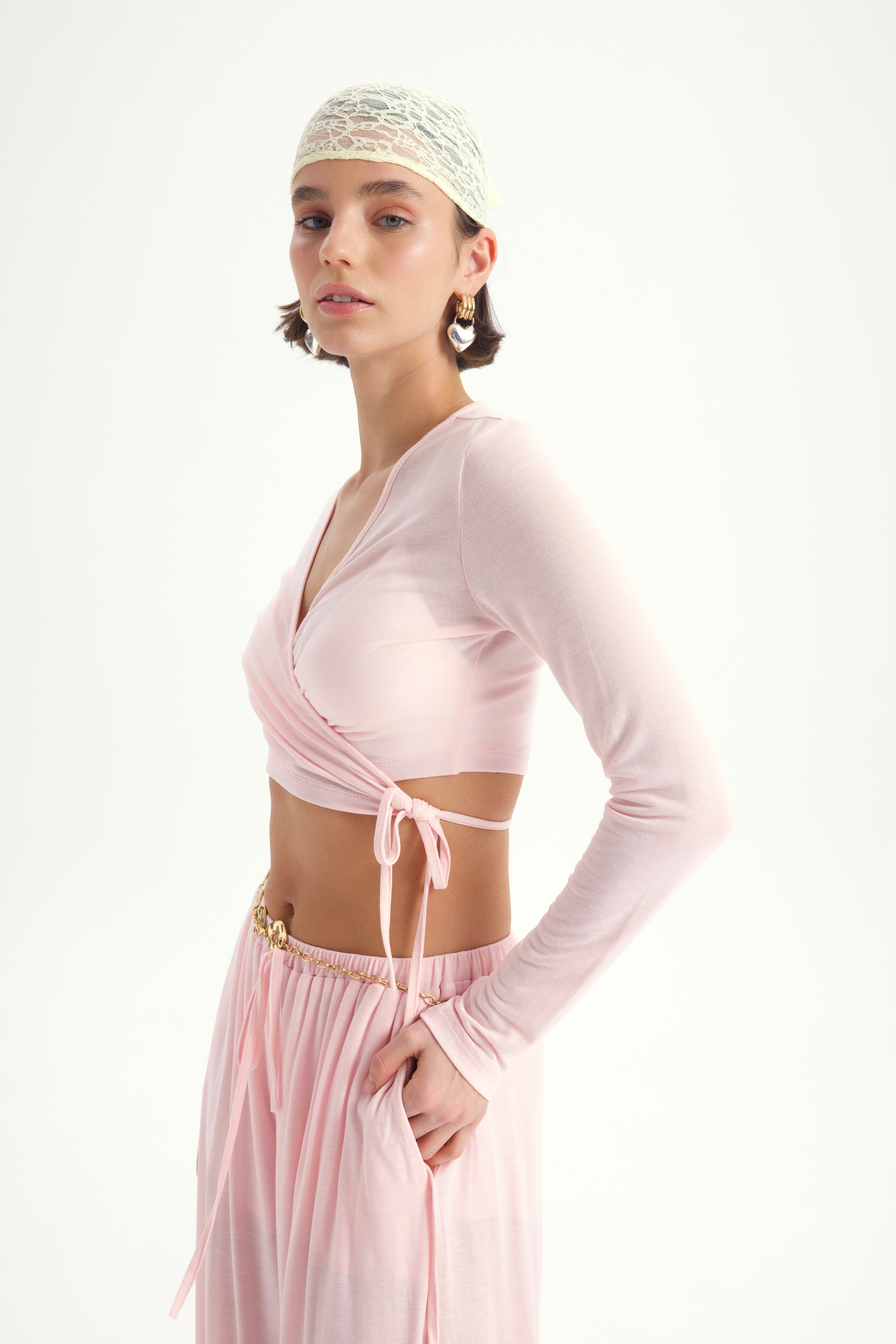Vena Bağlamalı Pembe Crop Şalvar Pantolon Takım