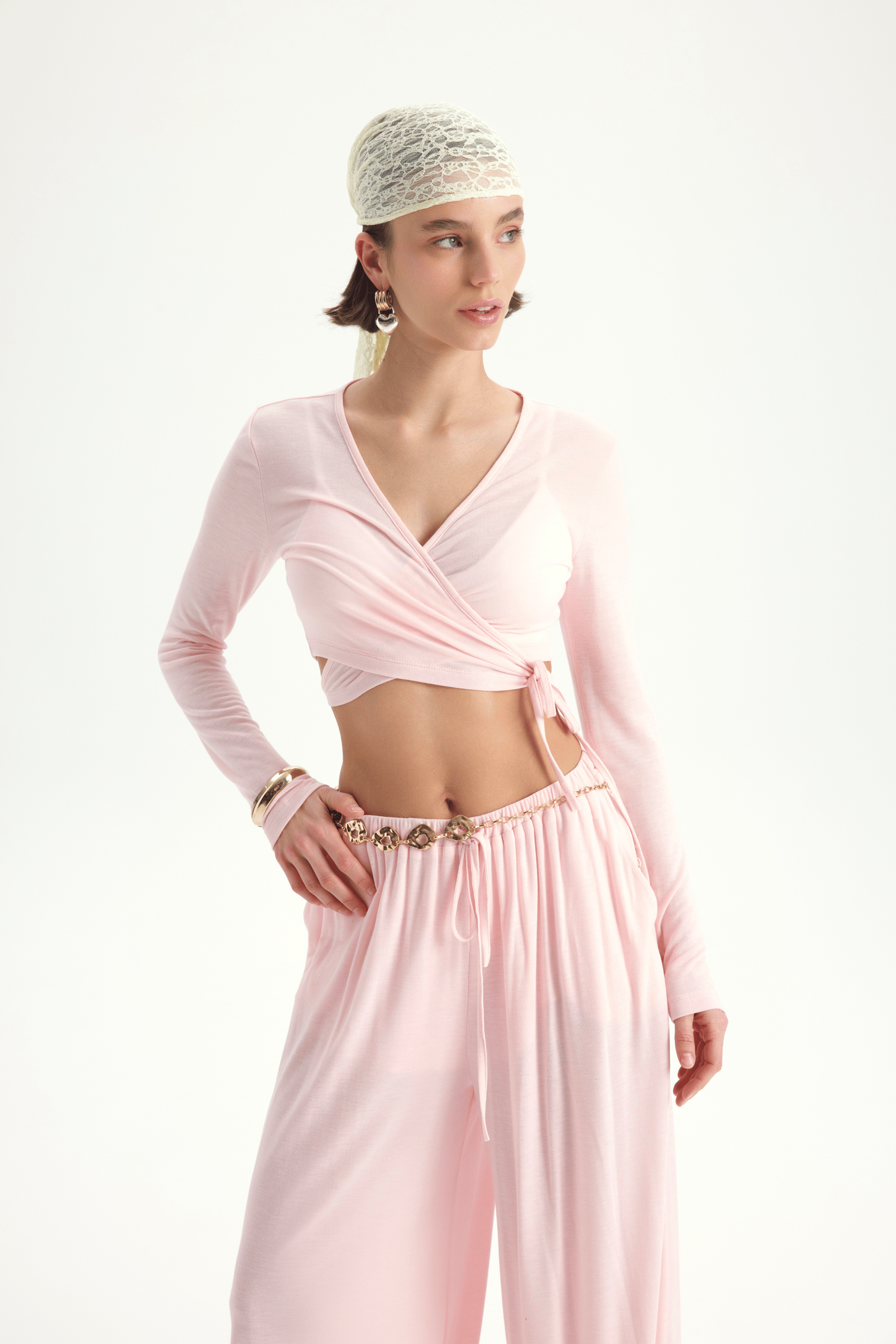 Vena Bağlamalı Pembe Crop Şalvar Pantolon Takım