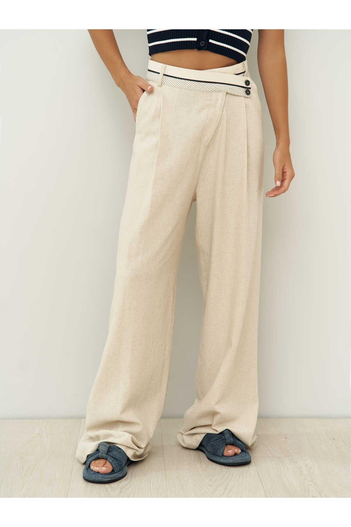 Venice Ters Kemer Detay Naturel Keten Pantolon