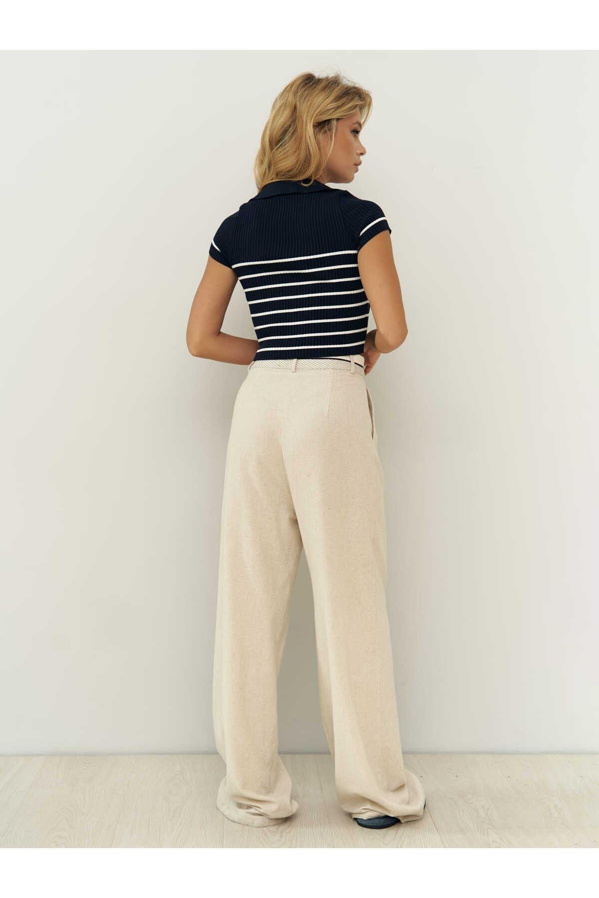 Venice Ters Kemer Detay Naturel Keten Pantolon