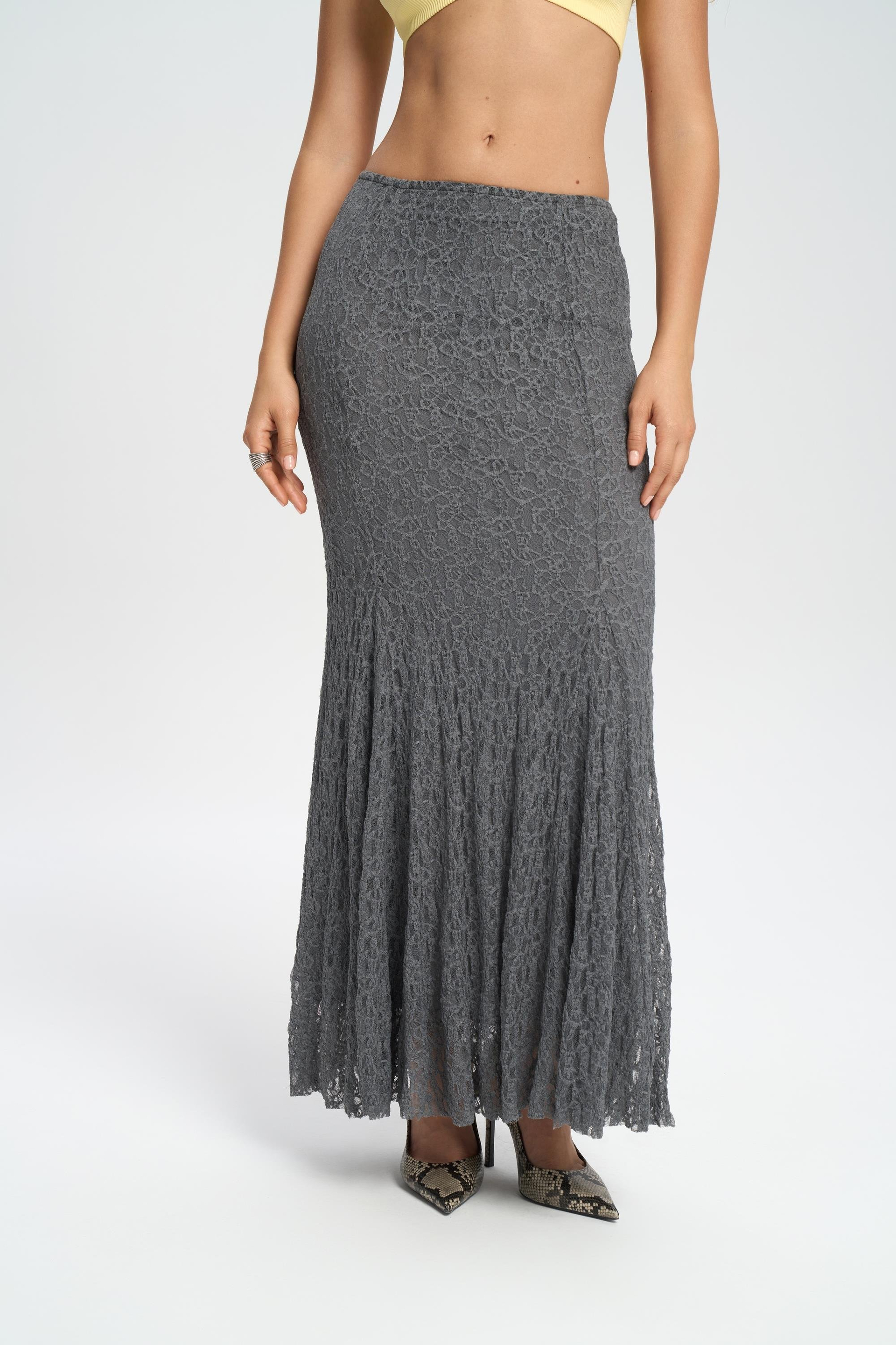 Veylia Uzun Antrasit Dantel Etek