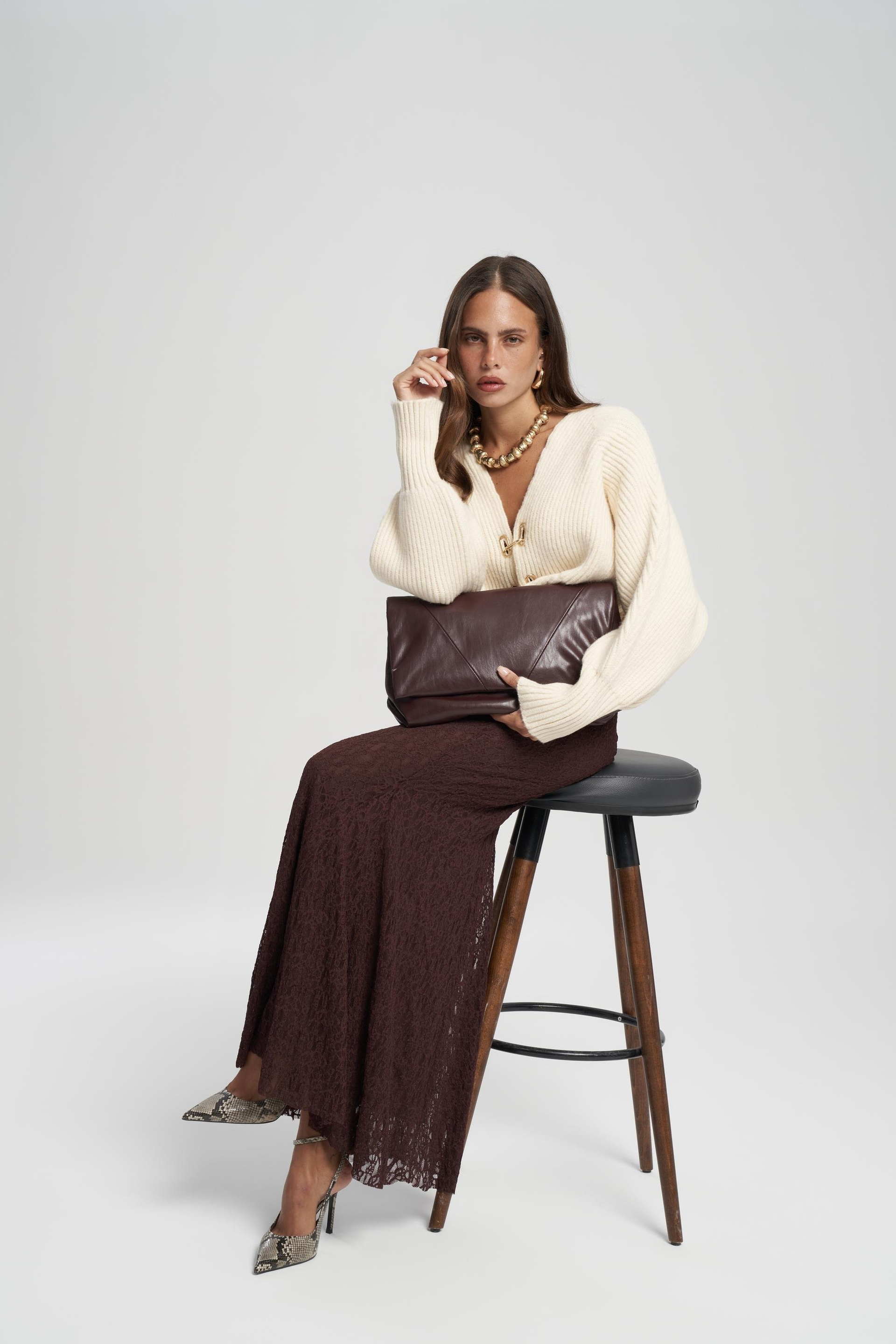 Veylia Uzun Bordo Dantel Etek