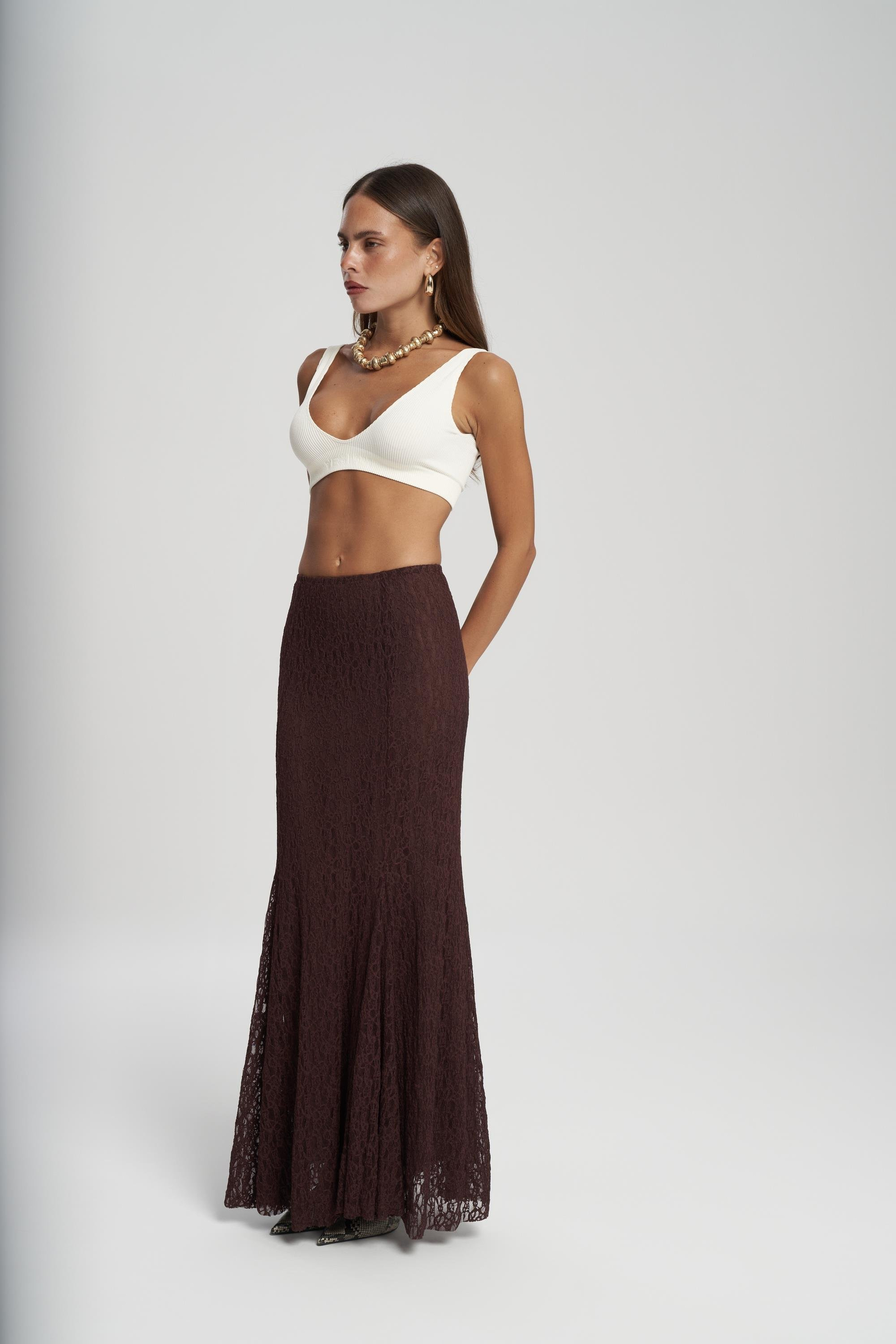 Veylia Uzun Bordo Dantel Etek