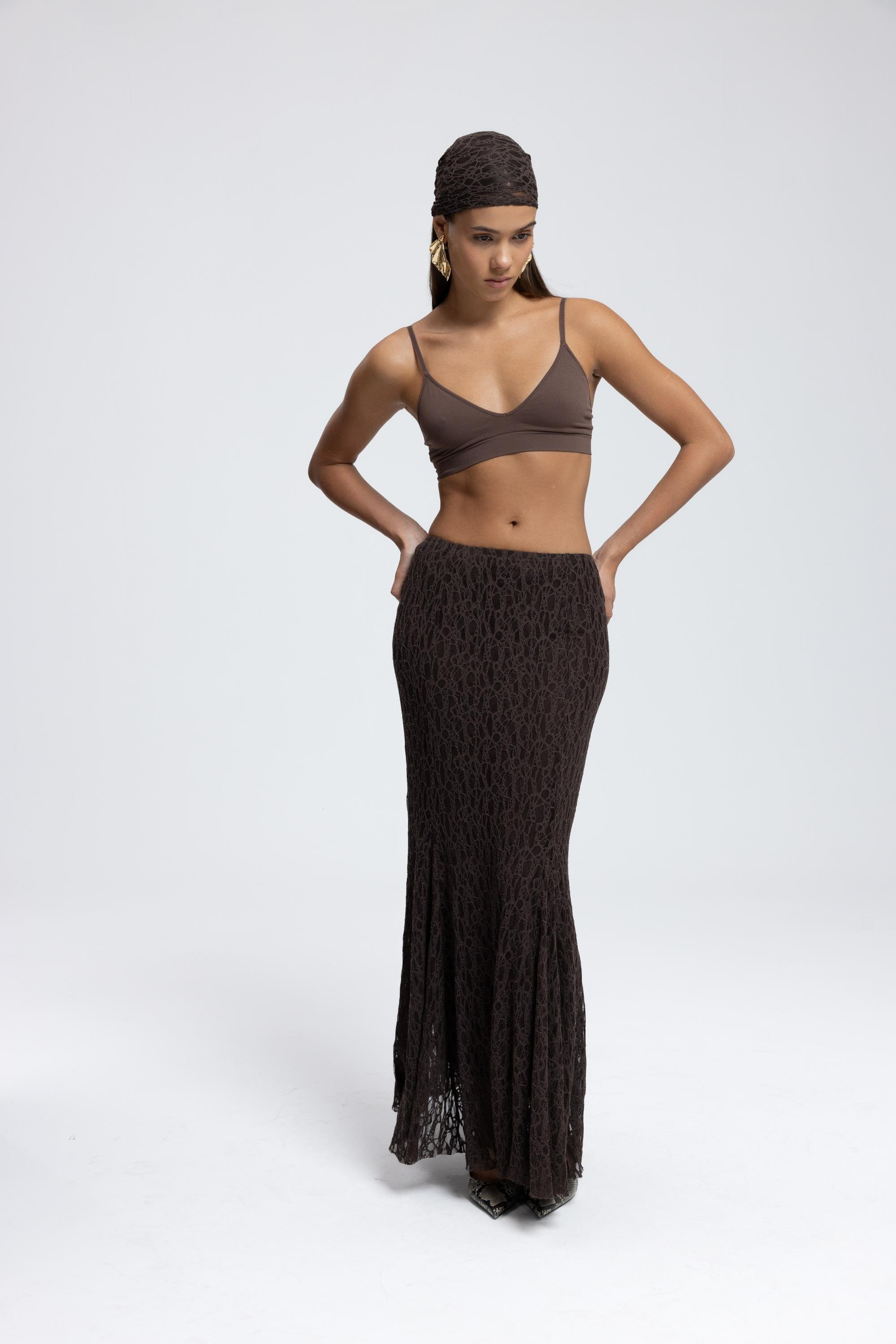 Veylia Uzun Kahve Dantel Etek