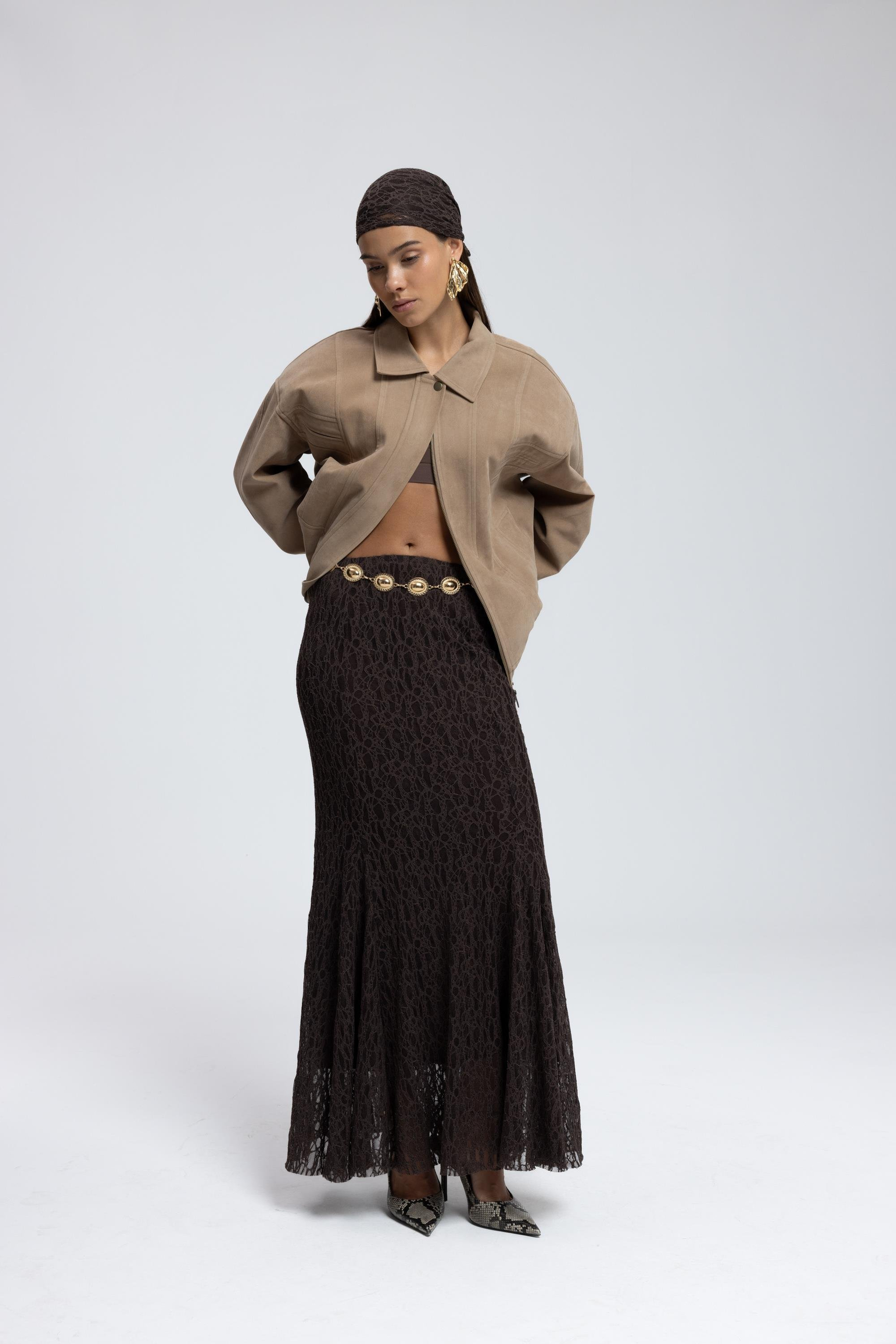 Veylia Uzun Kahve Dantel Etek
