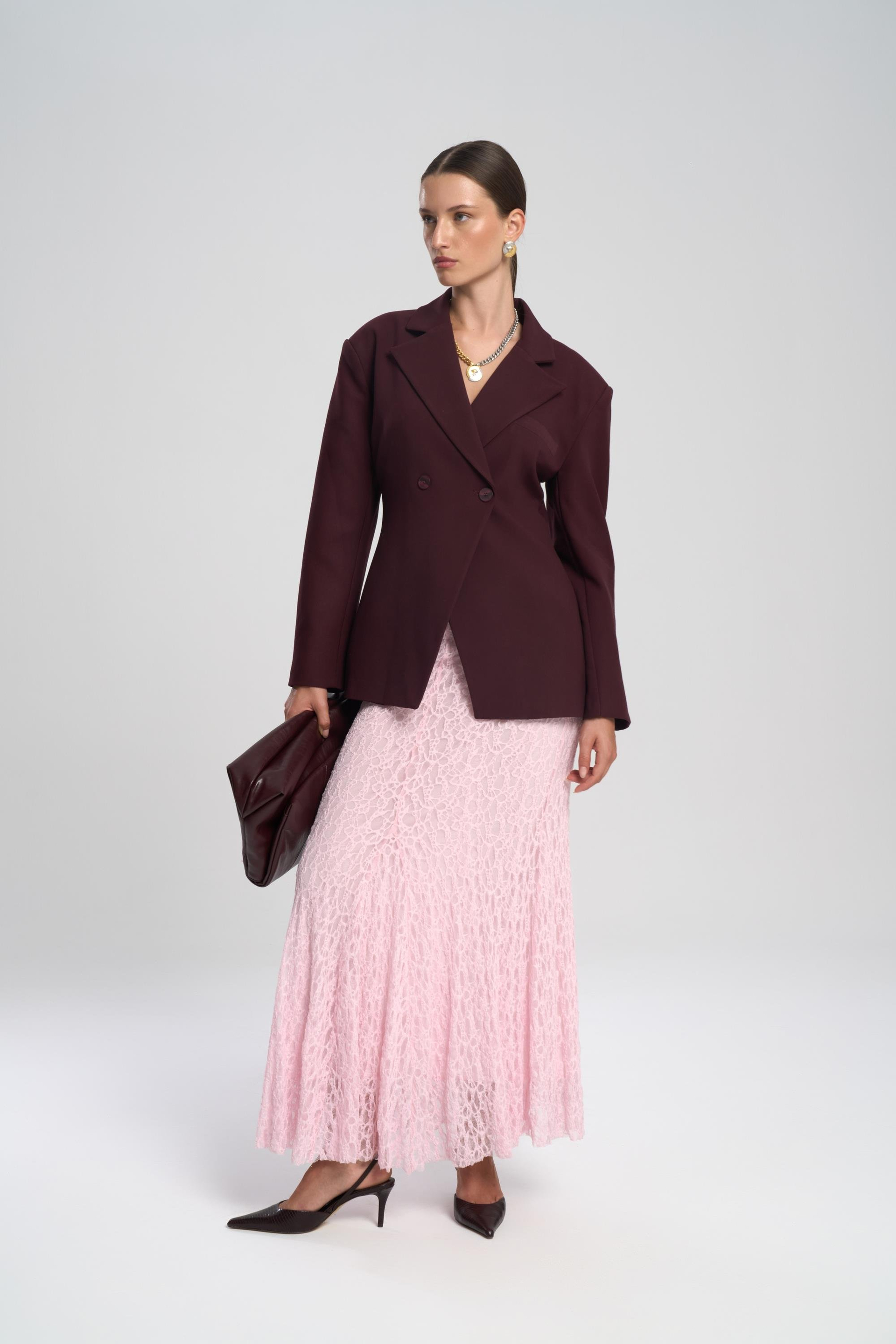 Veylia Uzun Pembe Dantel Etek