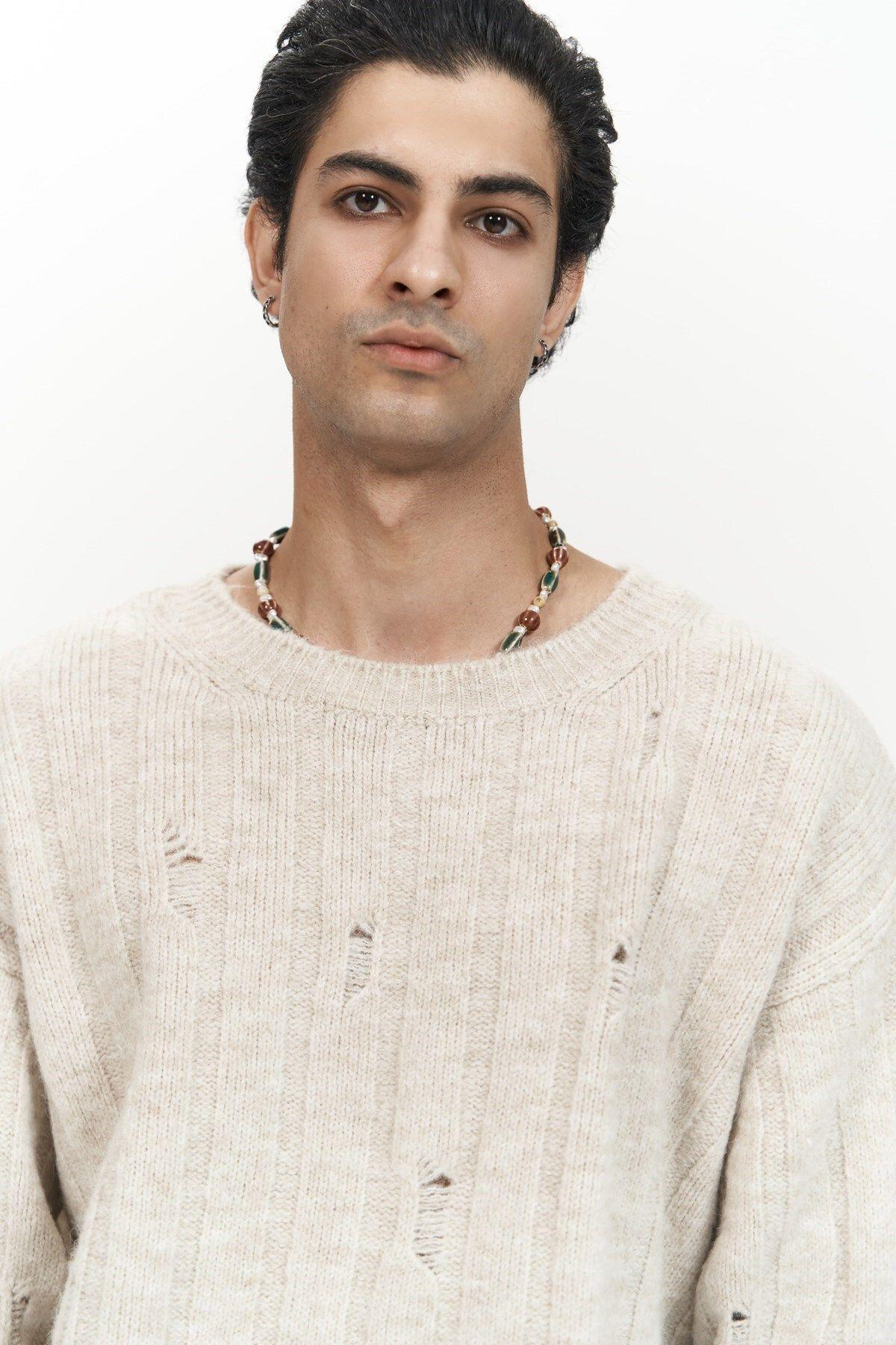 Vincent Yırtık Detay Bej Erkek Triko Kazak