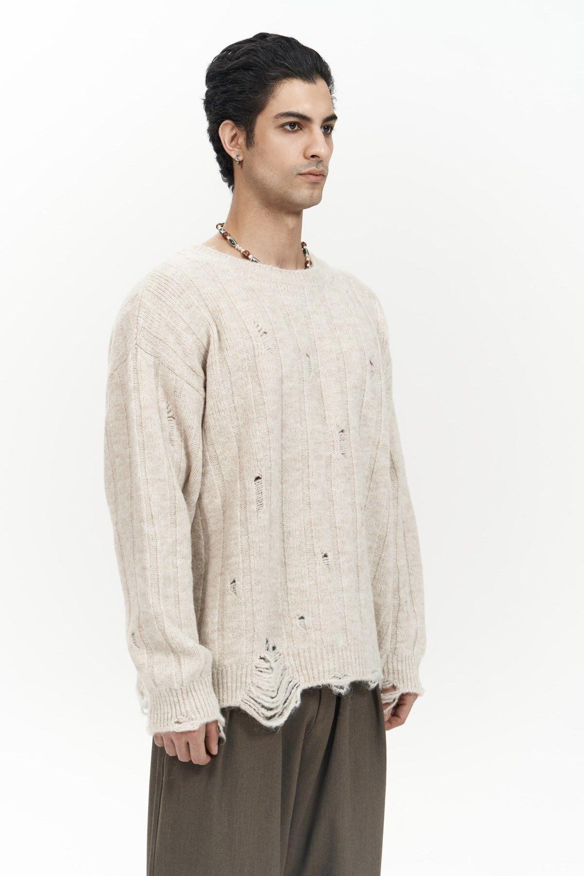 Vincent Yırtık Detay Bej Erkek Triko Kazak