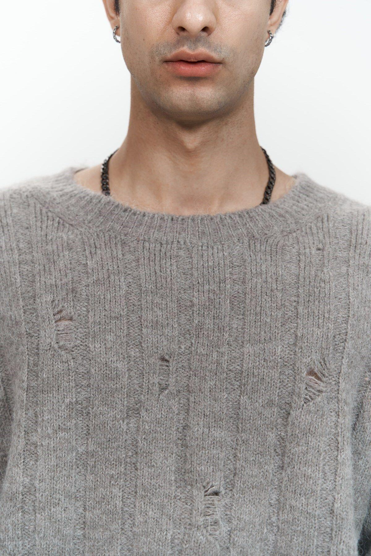 Vincent Yırtık Detay Boz Kahve Erkek Triko Kazak