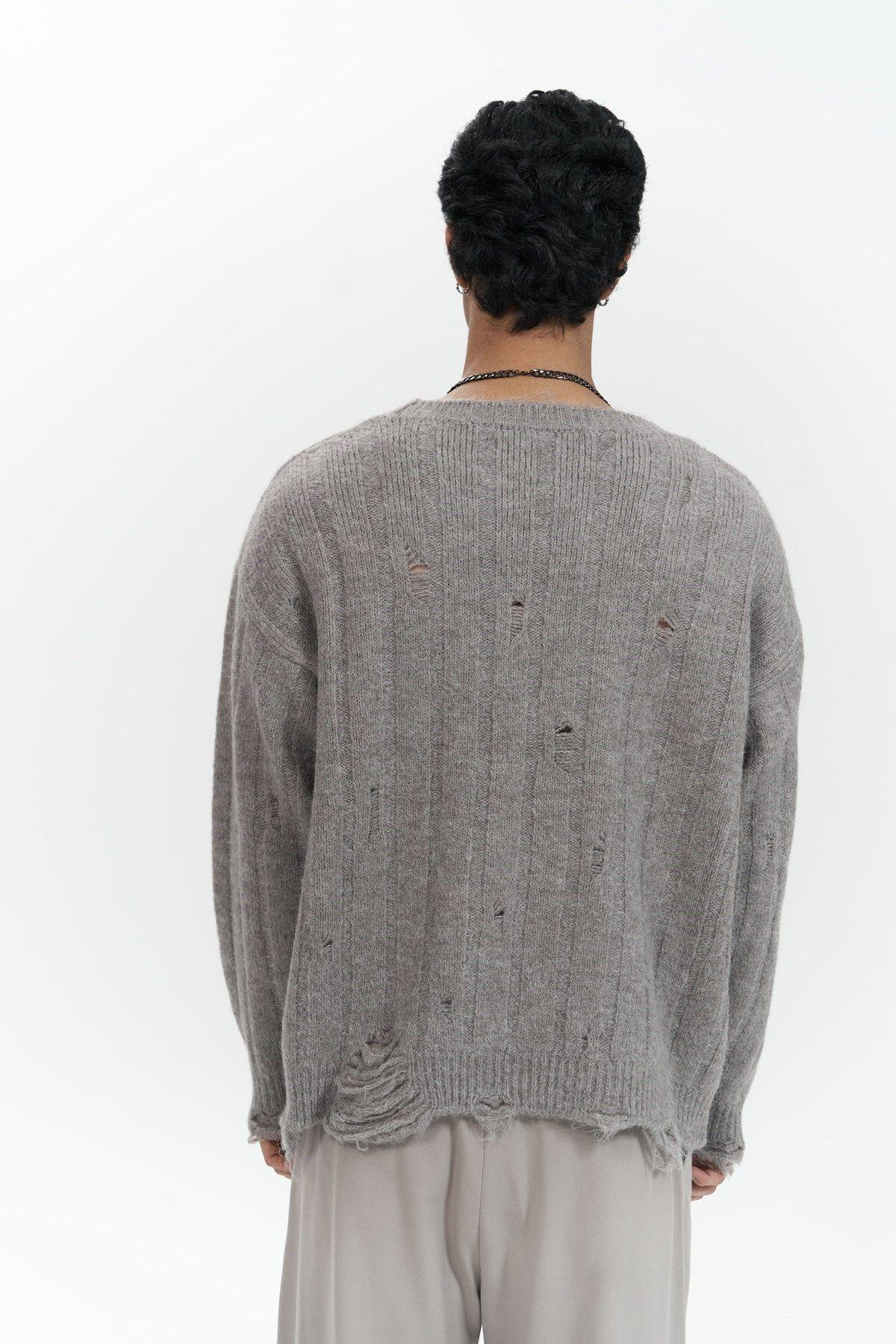 Vincent Yırtık Detay Boz Kahve Erkek Triko Kazak