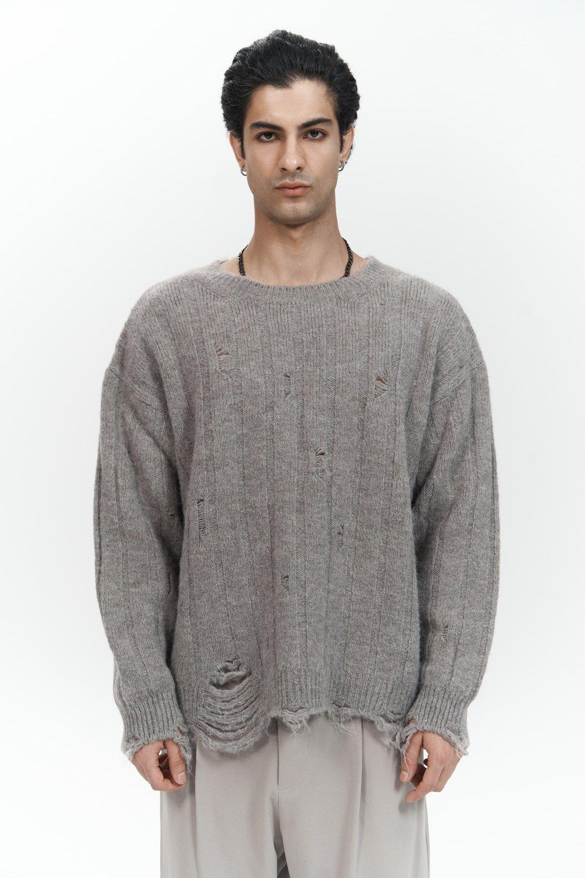 Vincent Yırtık Detay Boz Kahve Erkek Triko Kazak