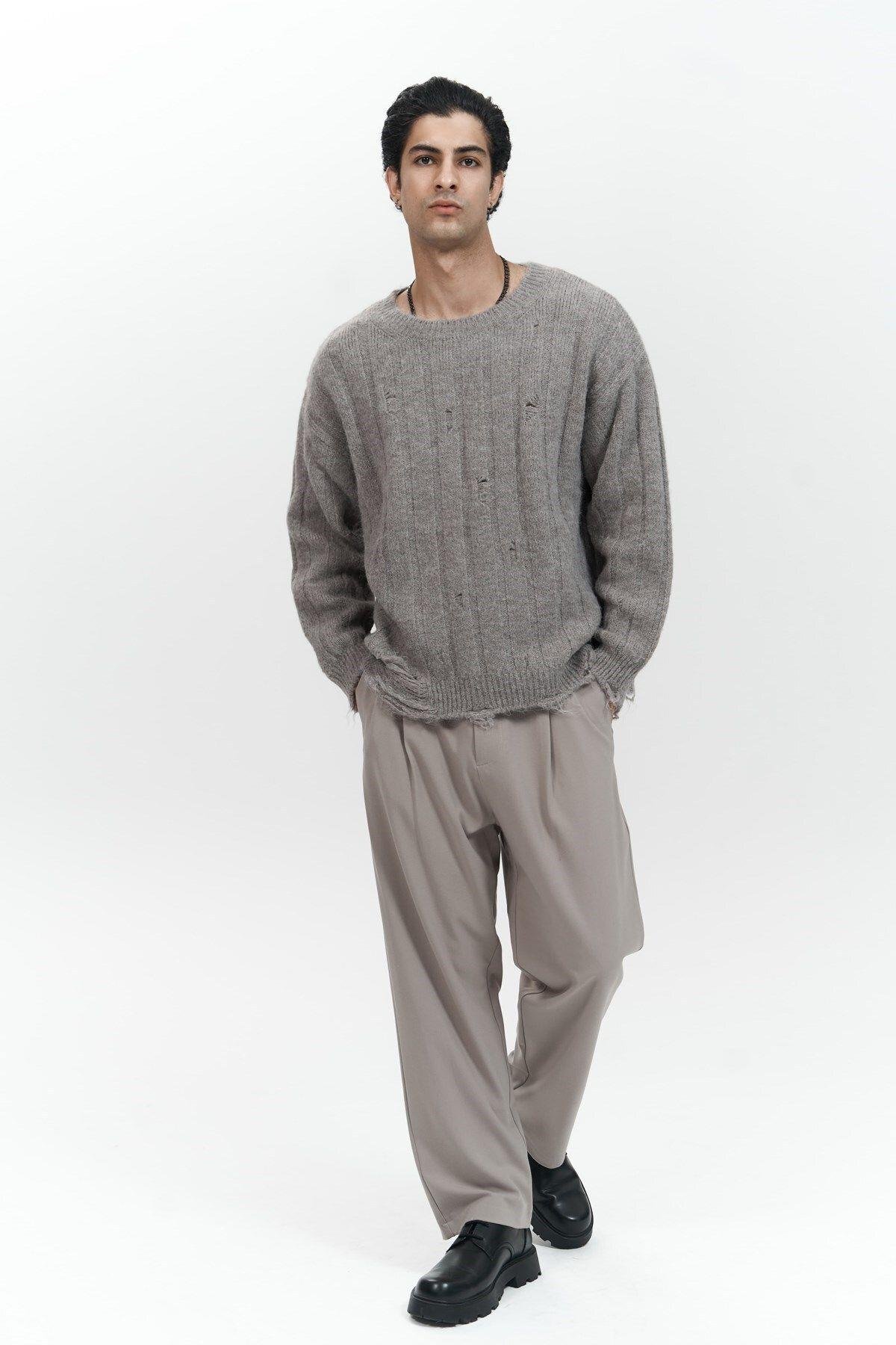 Vincent Yırtık Detay Boz Kahve Erkek Triko Kazak