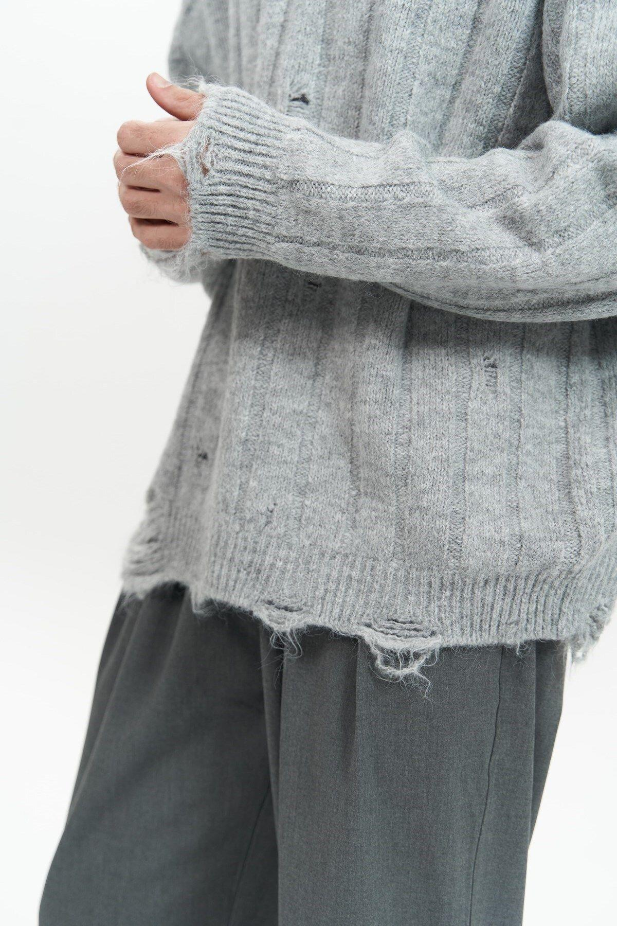 Vincent Yırtık Detay Gri Erkek Triko Kazak