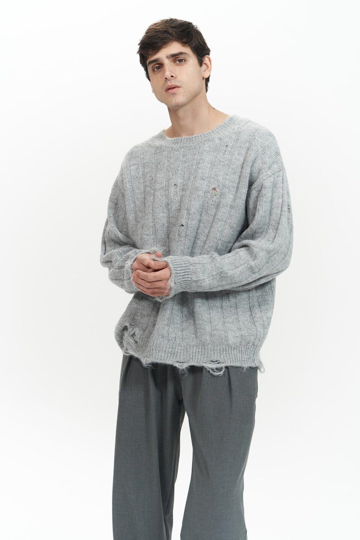 Vincent Yırtık Detay Gri Erkek Triko Kazak