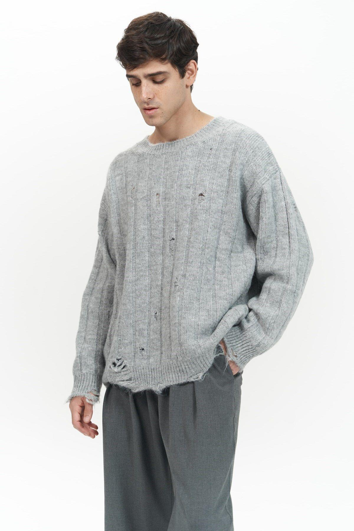 Vincent Yırtık Detay Gri Erkek Triko Kazak