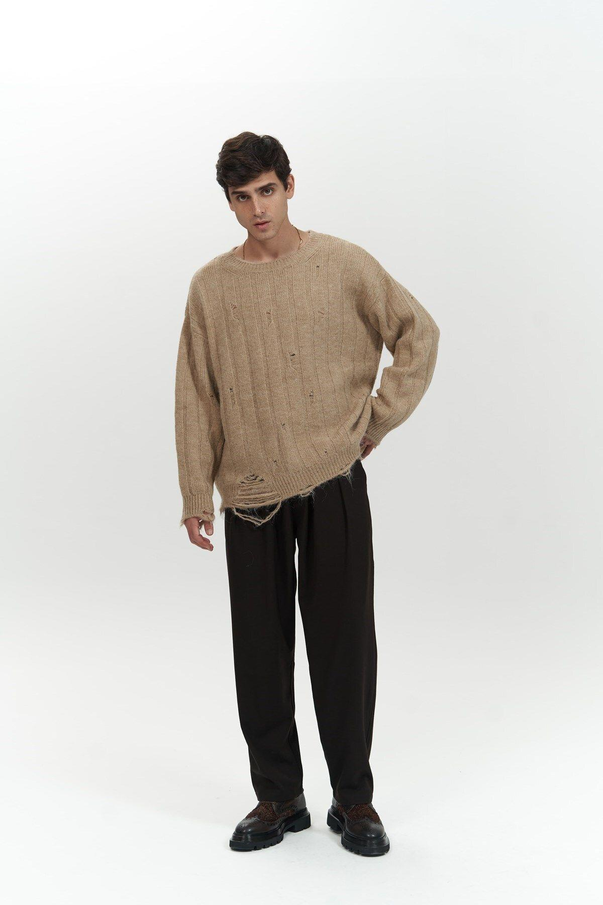 Vincent Yırtık Detay Vizon Erkek Triko Kazak