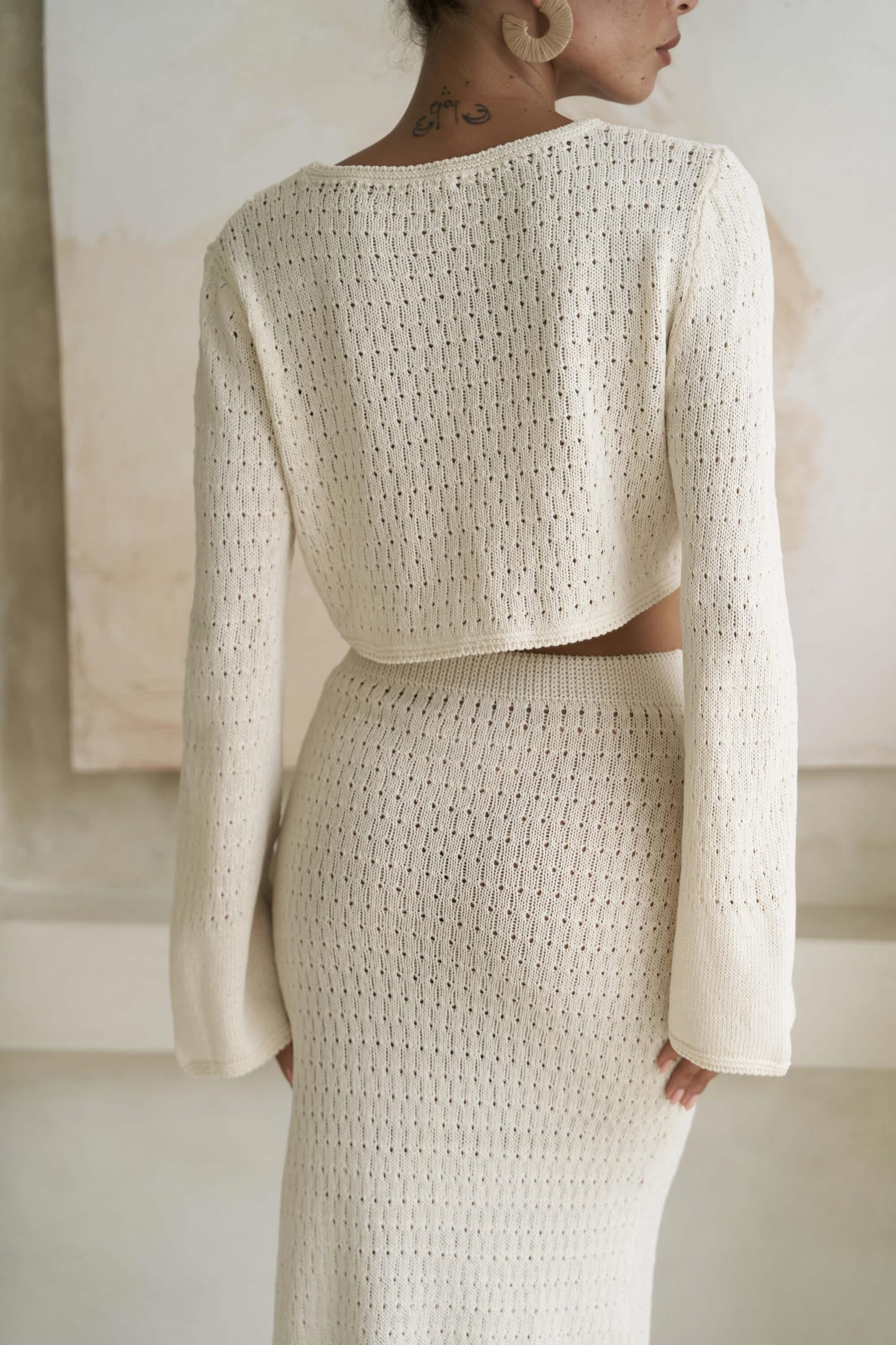 Wayhu Bisiklet Yaka Triko Crop Etek Takım - BEJ