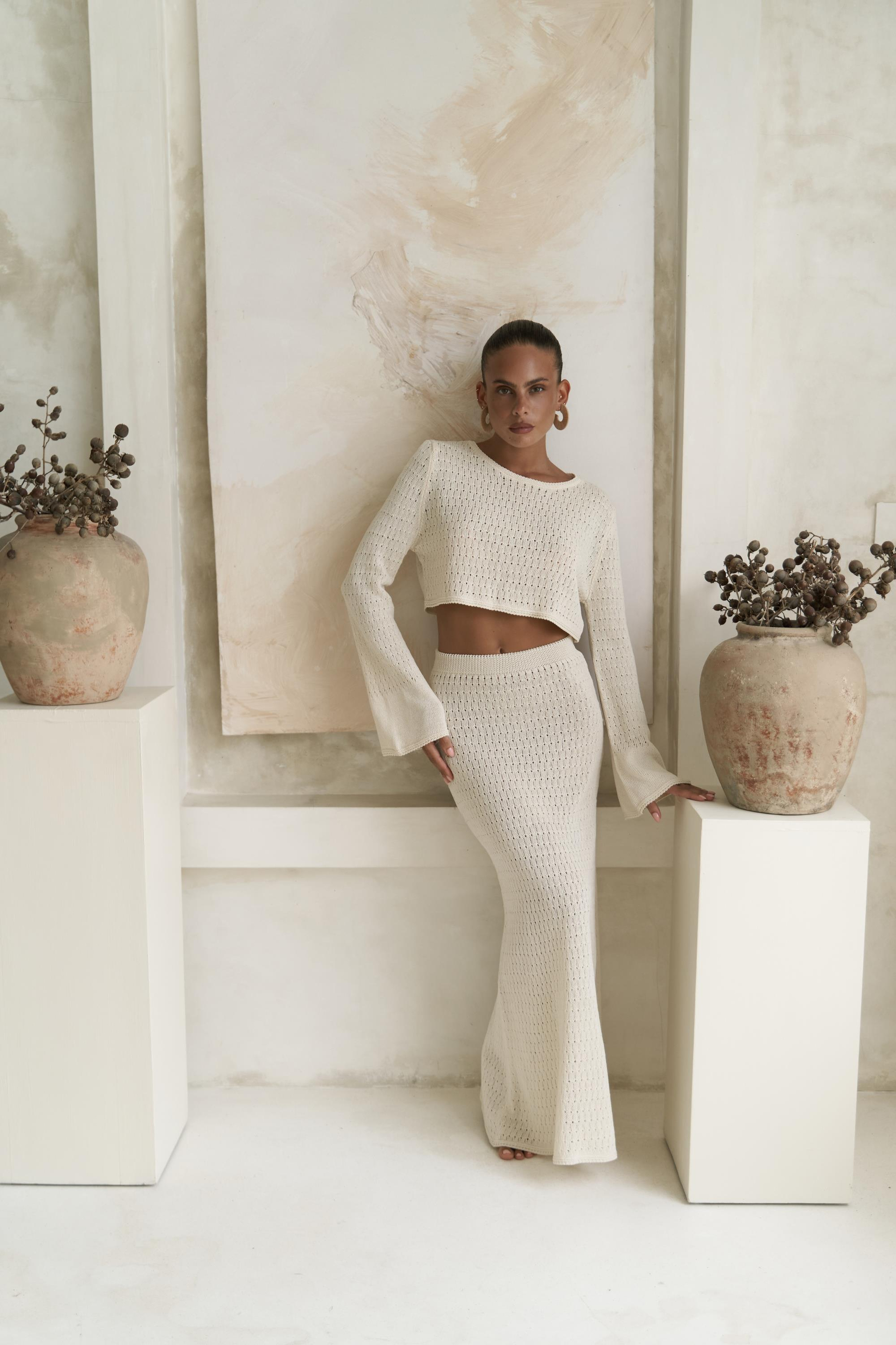 Wayhu Bisiklet Yaka Triko Crop Etek Takım - BEJ