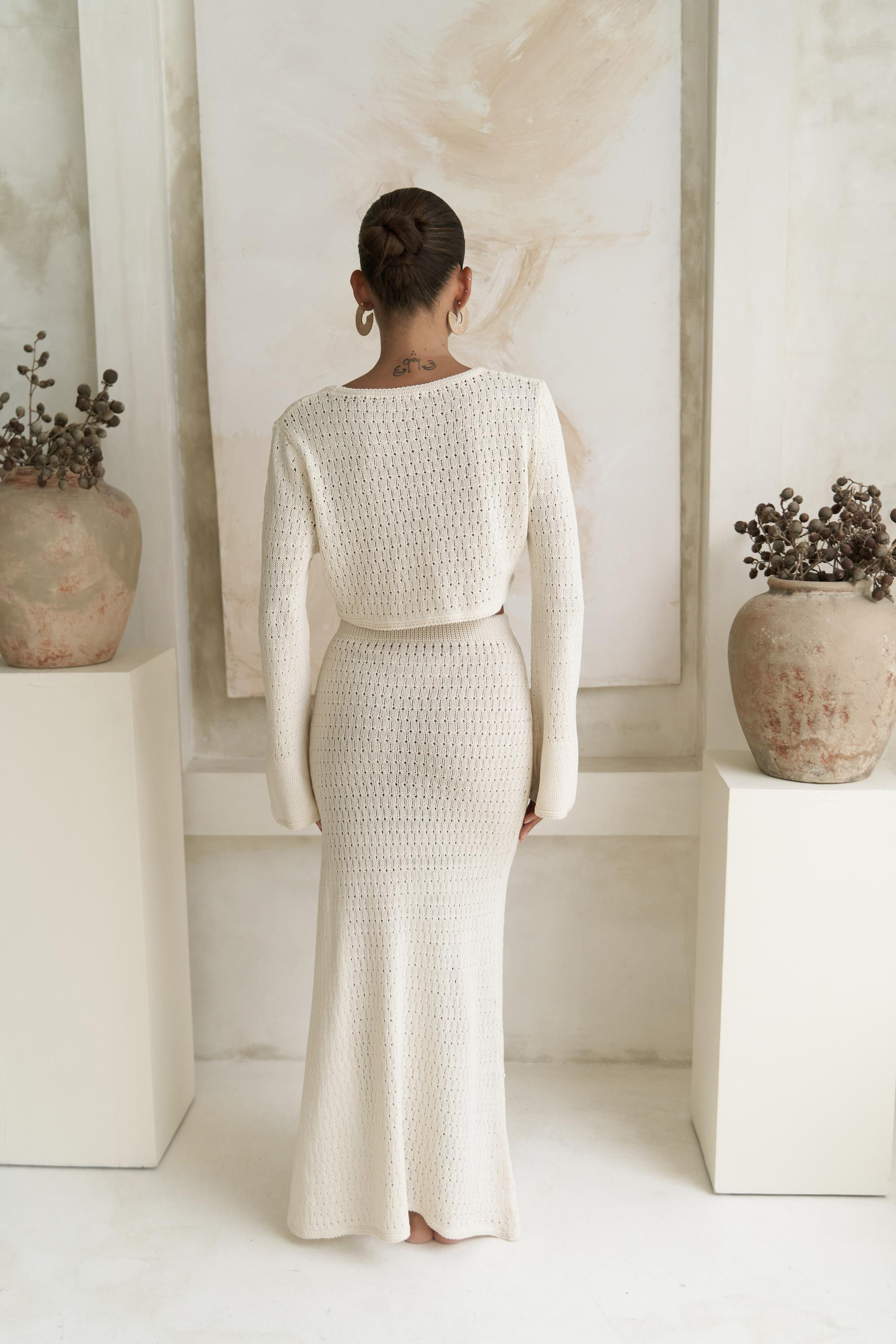 Wayhu Bisiklet Yaka Triko Crop Etek Takım - BEJ