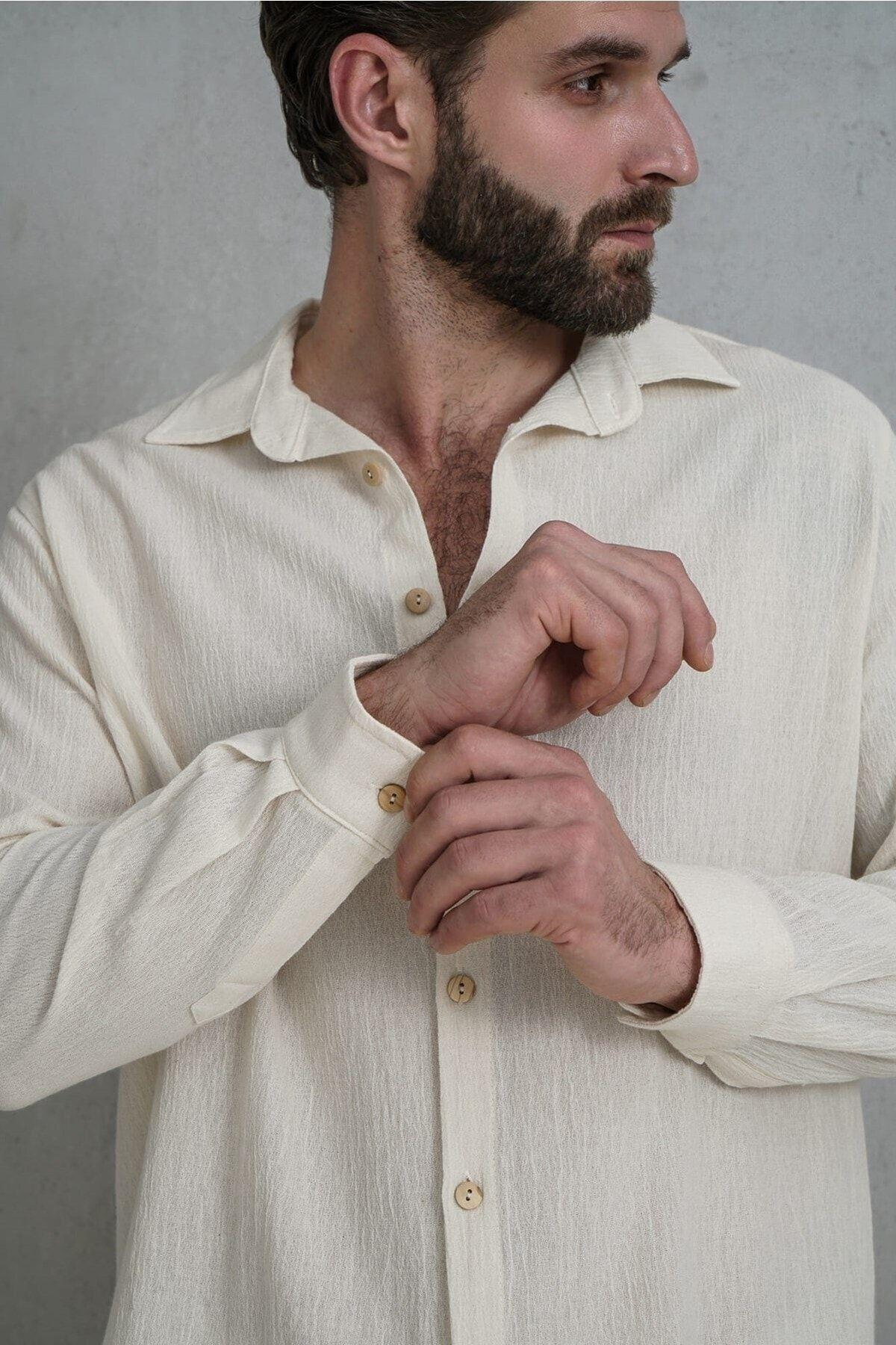 Wesley Erkek Oversize Krinkıl Bej Gömlek