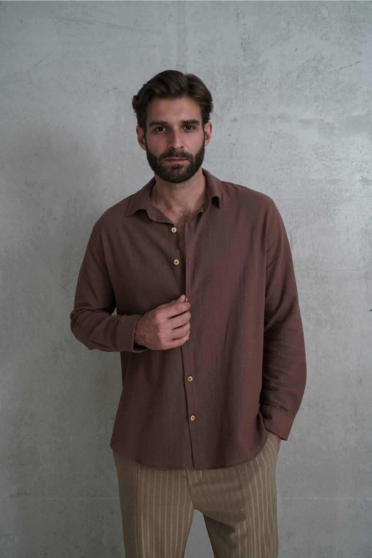 Wesley Men's Oversize Brown Crinkle Shirt