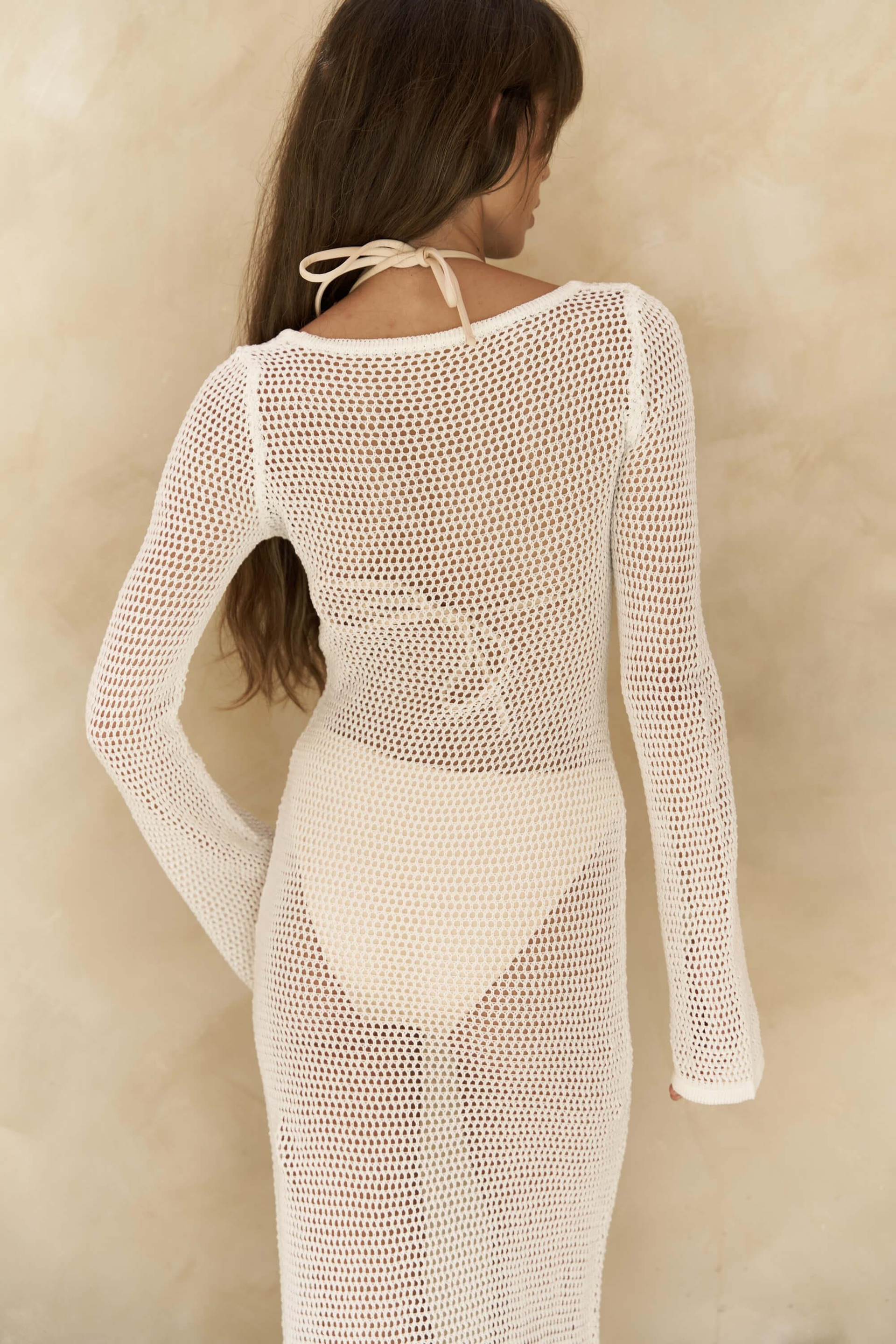 Wiras Bağcık Detay Ekru Triko Uzun Elbise