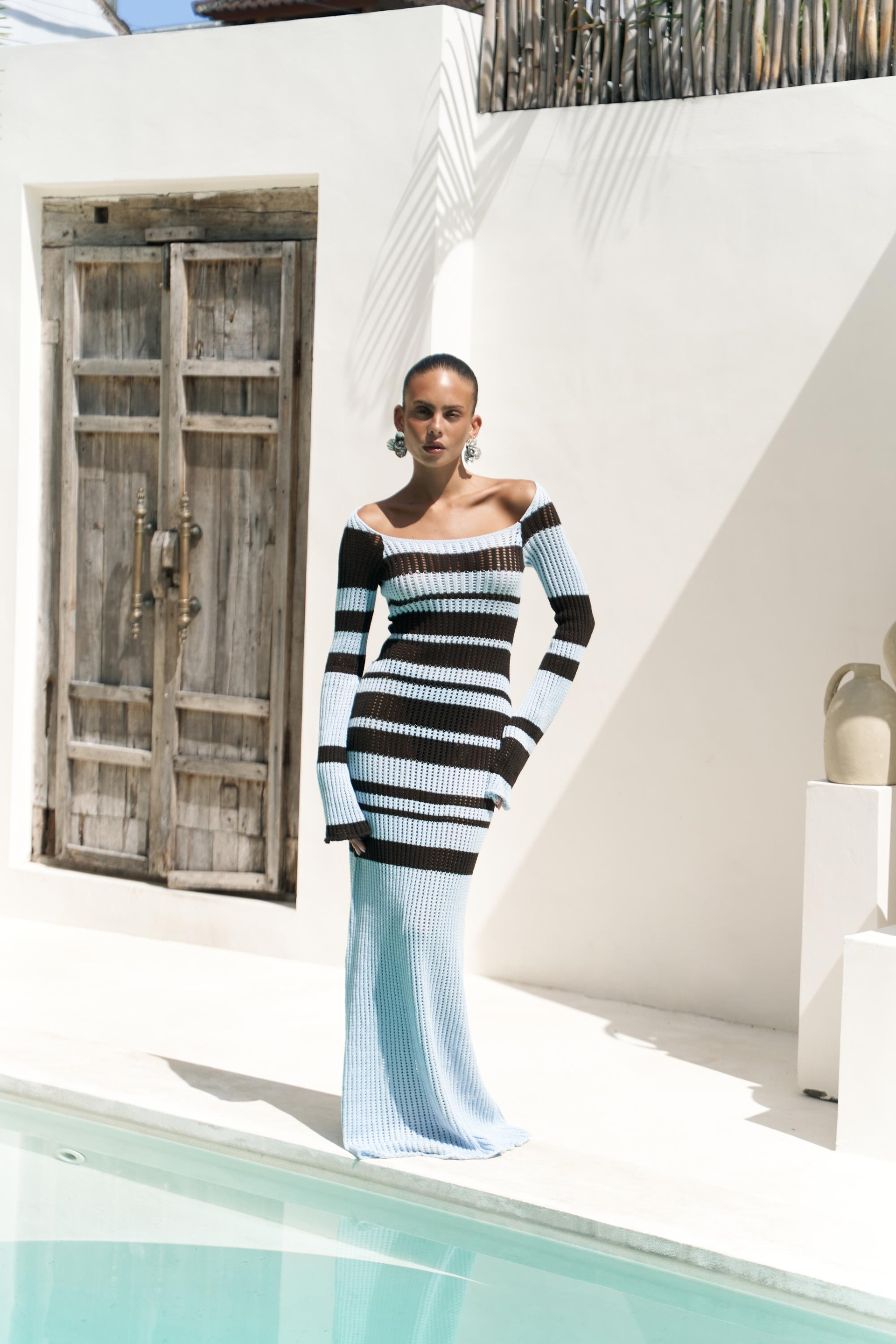 Wora Çizgili Triko Mavi Uzun Elbise