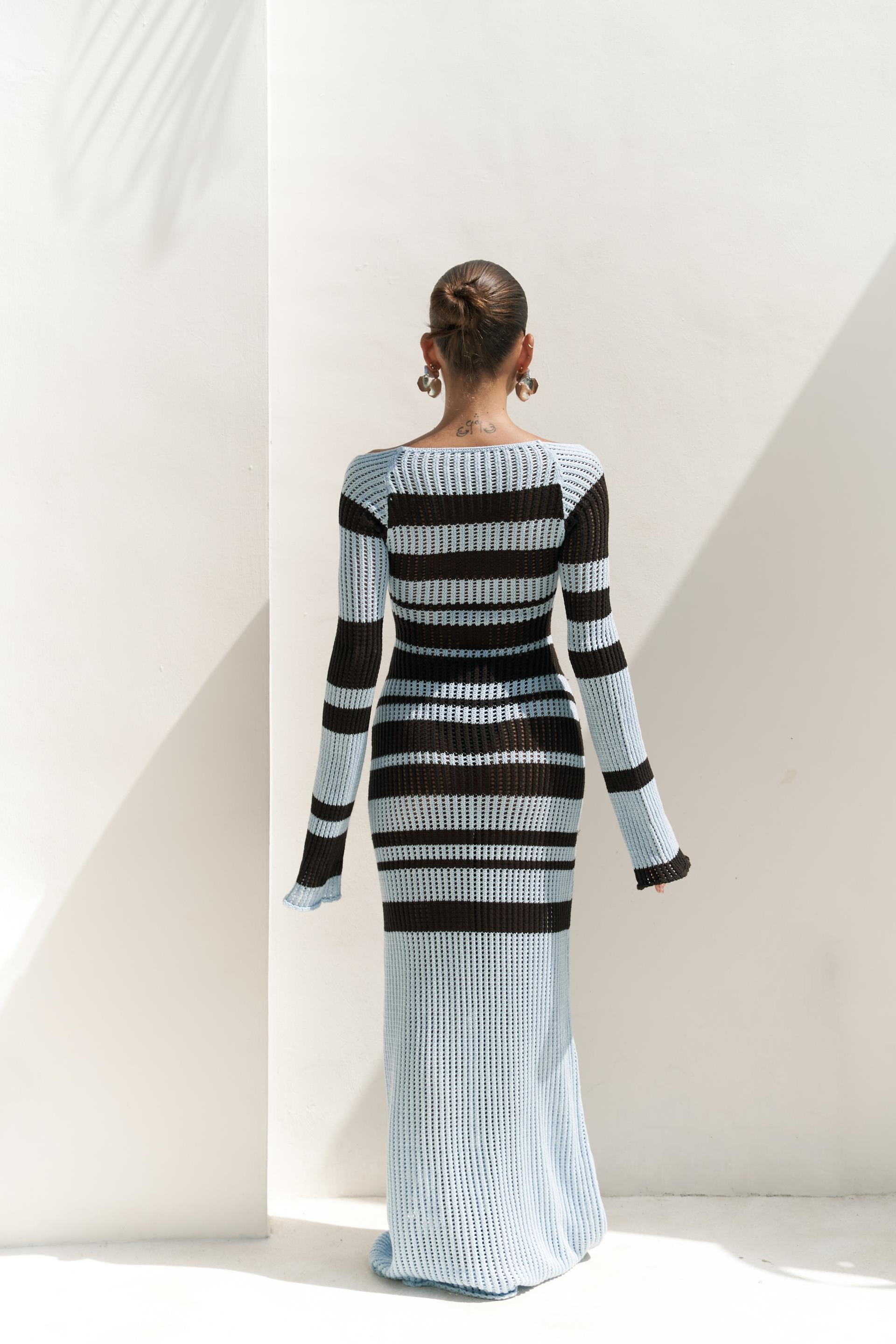 Wora Çizgili Triko Mavi Uzun Elbise