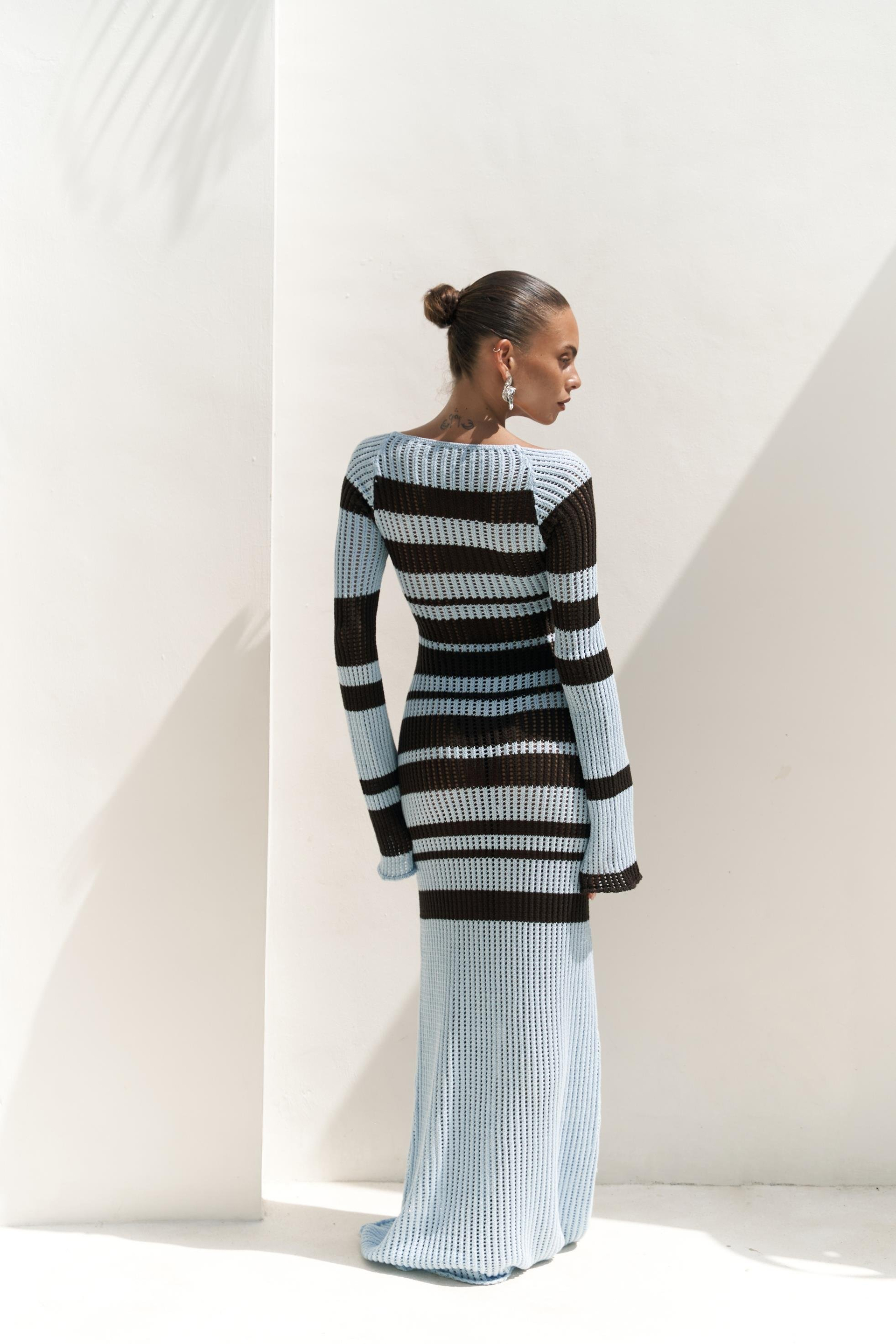 Wora Çizgili Triko Mavi Uzun Elbise