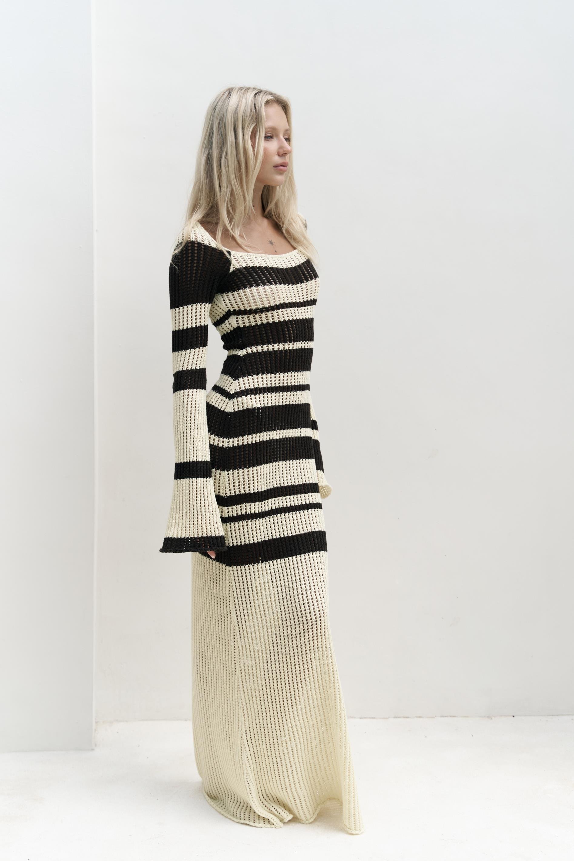 Wora Çizgili Triko Sarı Uzun Elbise