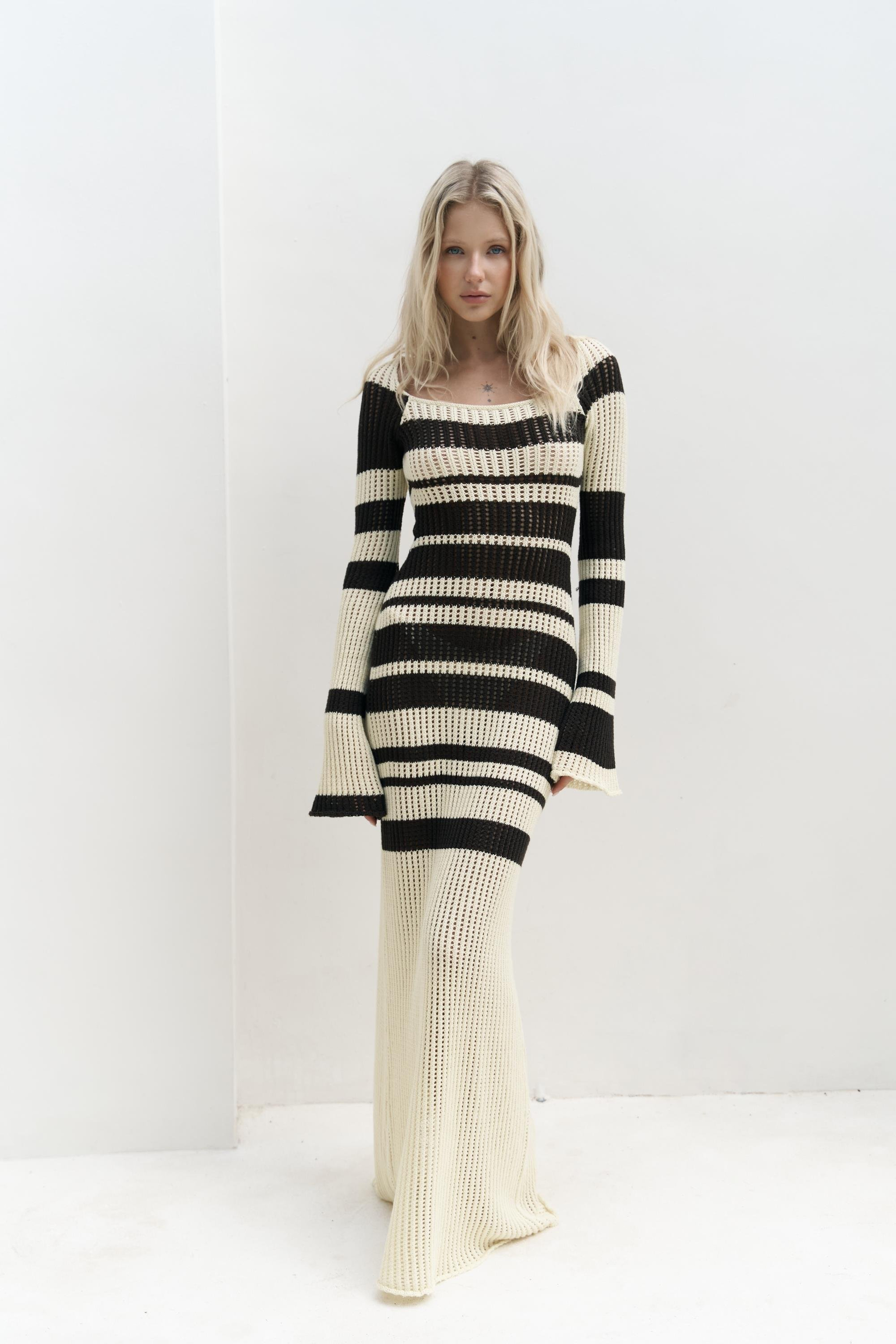 Wora Çizgili Triko Sarı Uzun Elbise