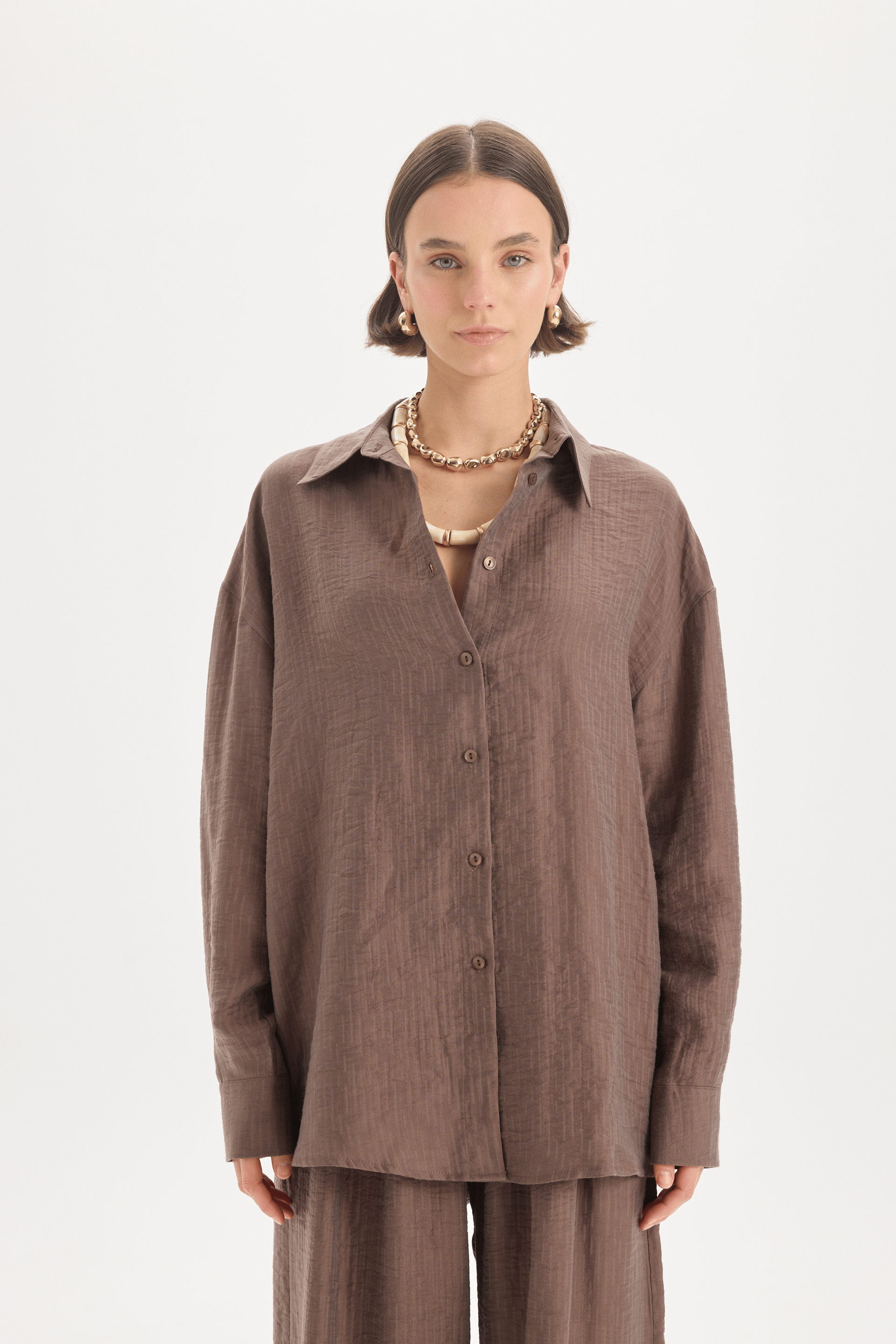 Yovena Düğme Detay Kahve Oversize Gömlek