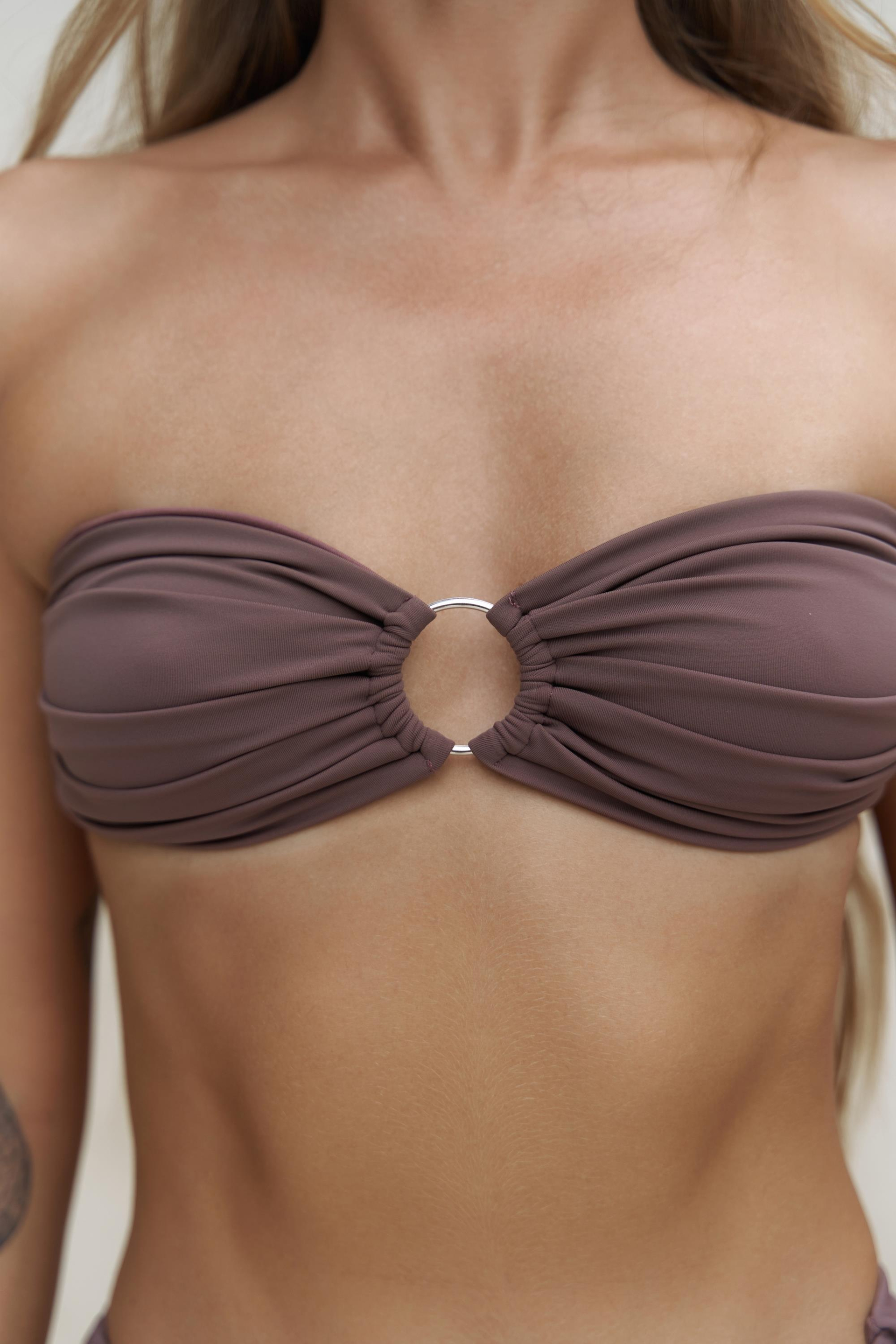 Zahira Ön Halka Detay Straplez Kahve Bikini Üstü