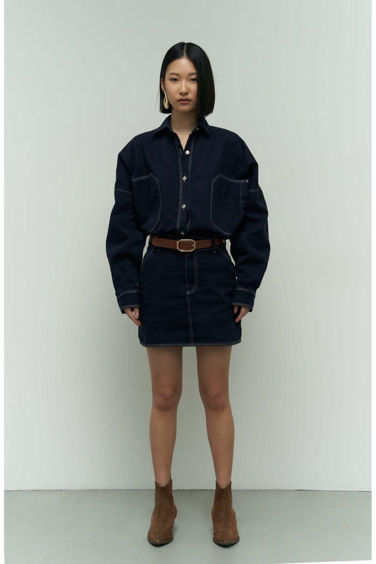 Zain Koyu Mavi Mini Kot Etek