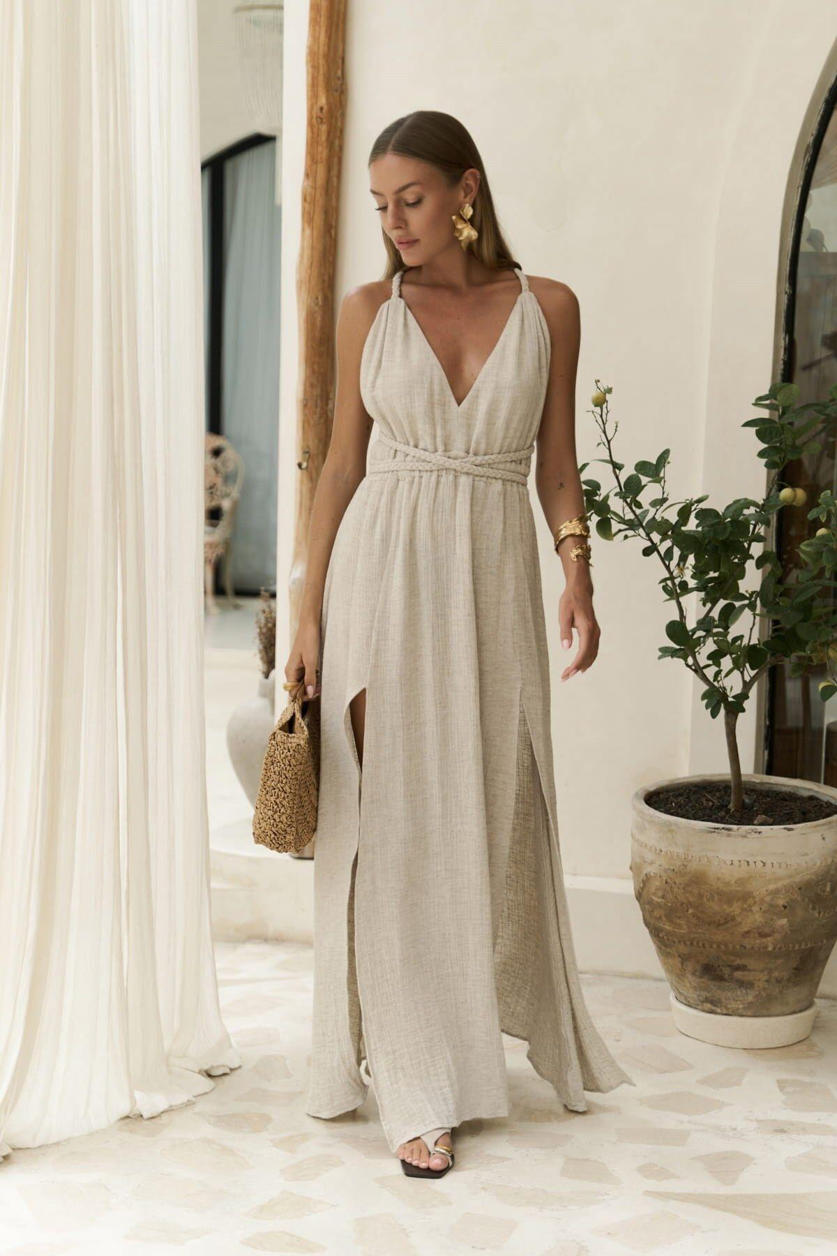 Zendaya Beige Dress with Knit Detail