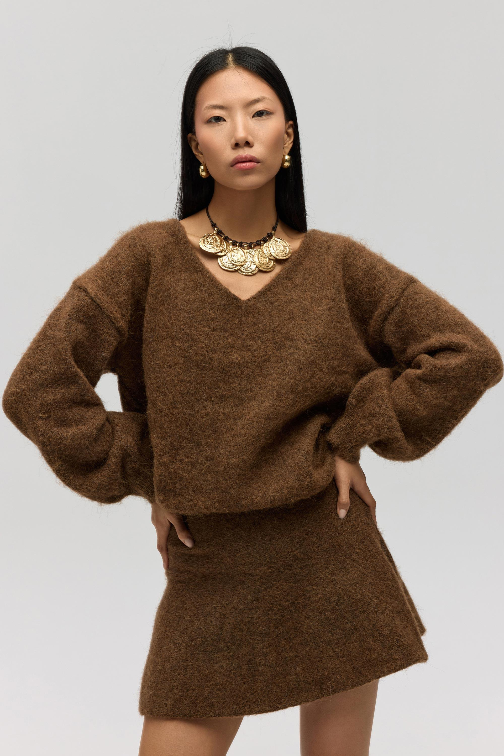 Zerium Basic V Yaka Açık Kahve Triko Kazak