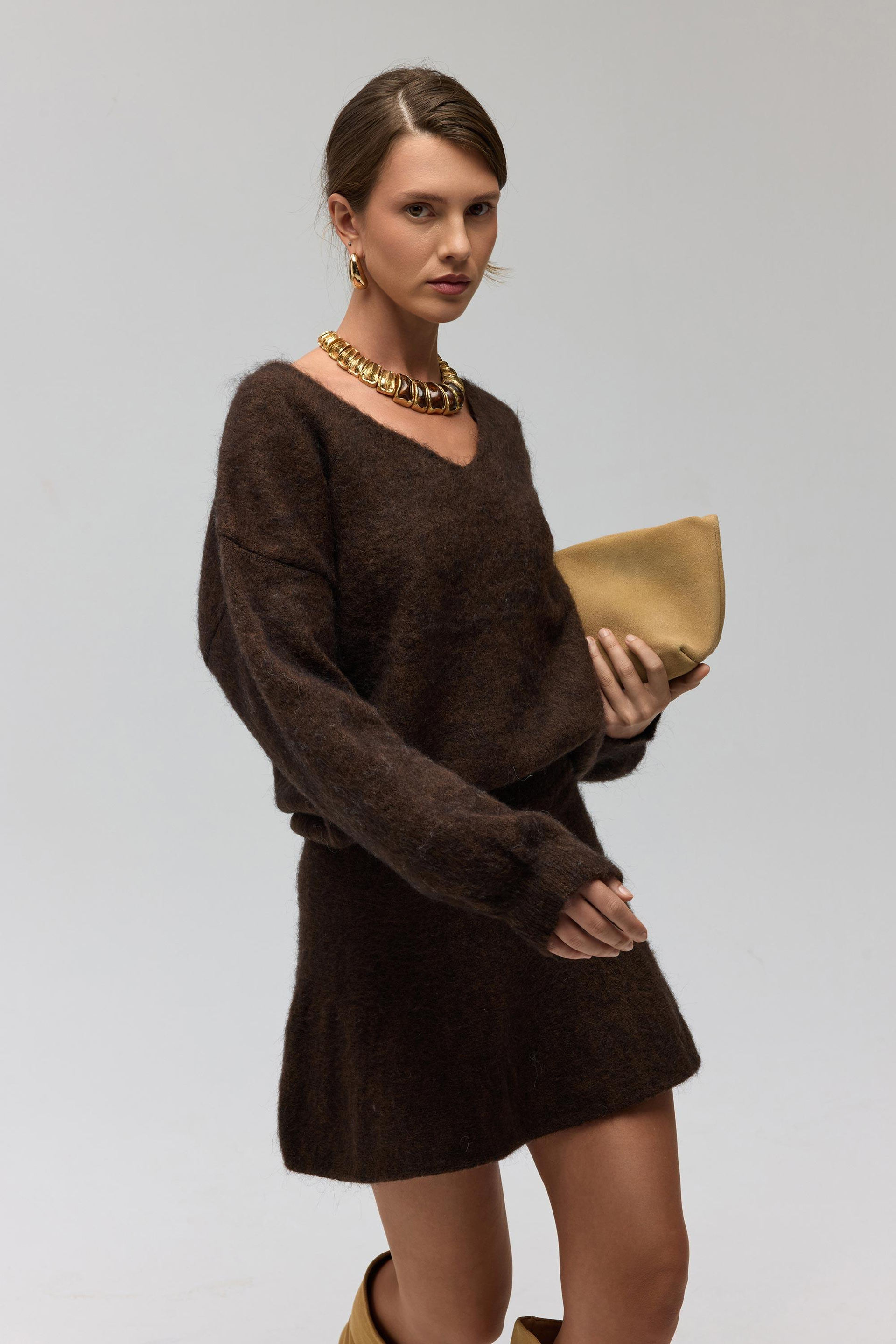 Zerium Basic V Yaka Kahve Triko Kazak