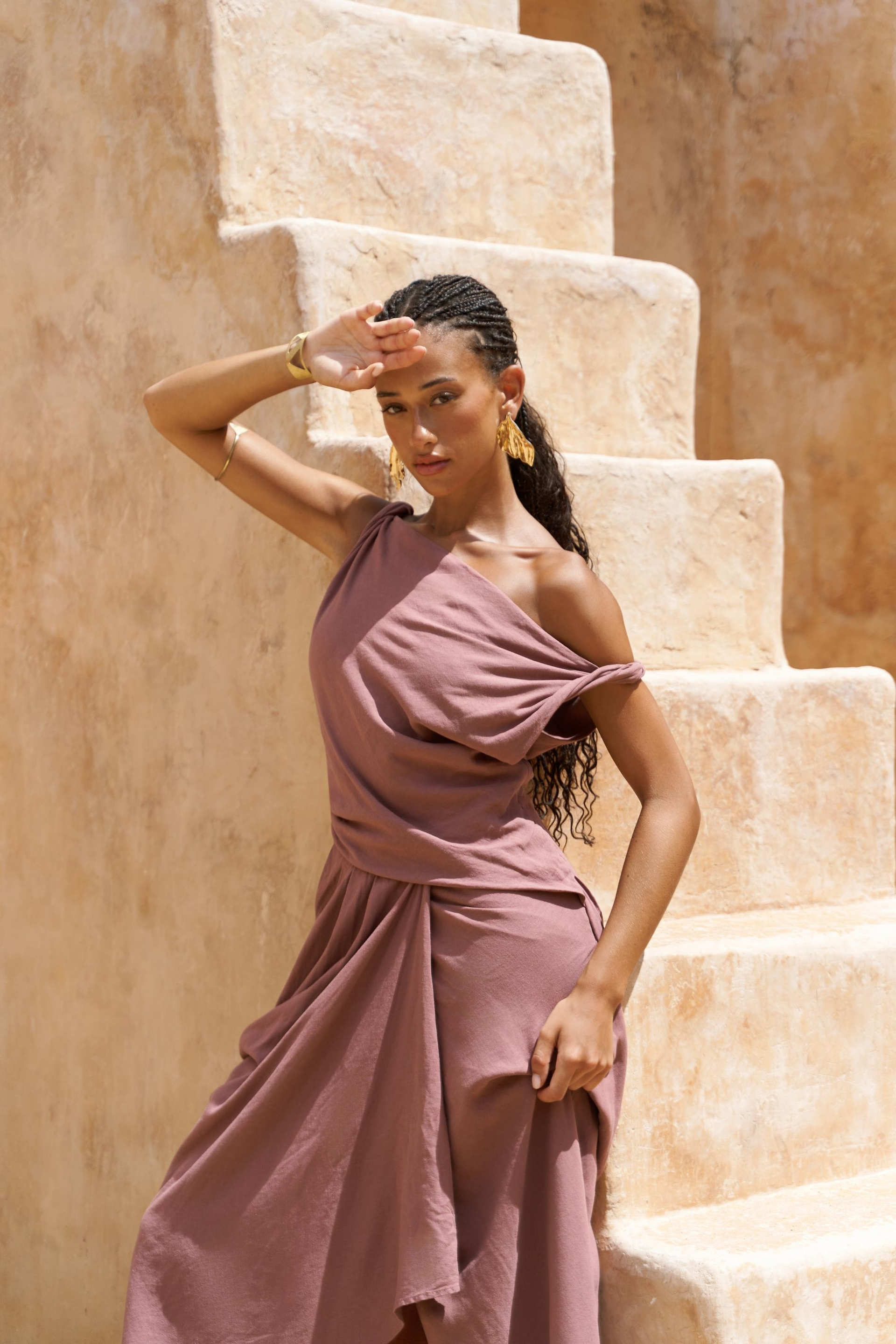 Zimbabue Uzun Açık Bordo Keten Elbise