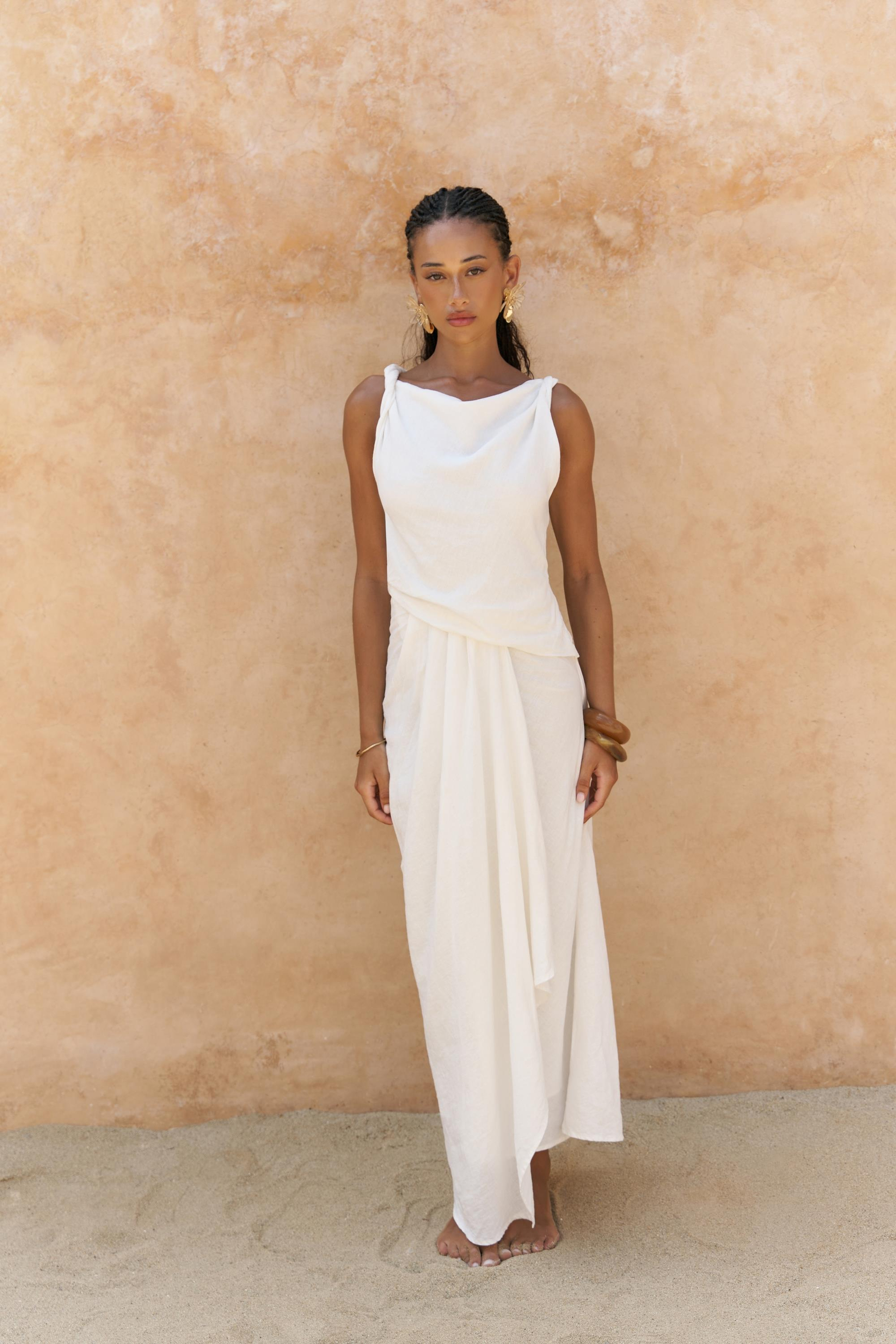 Zimbabue Uzun Ekru Keten Elbise