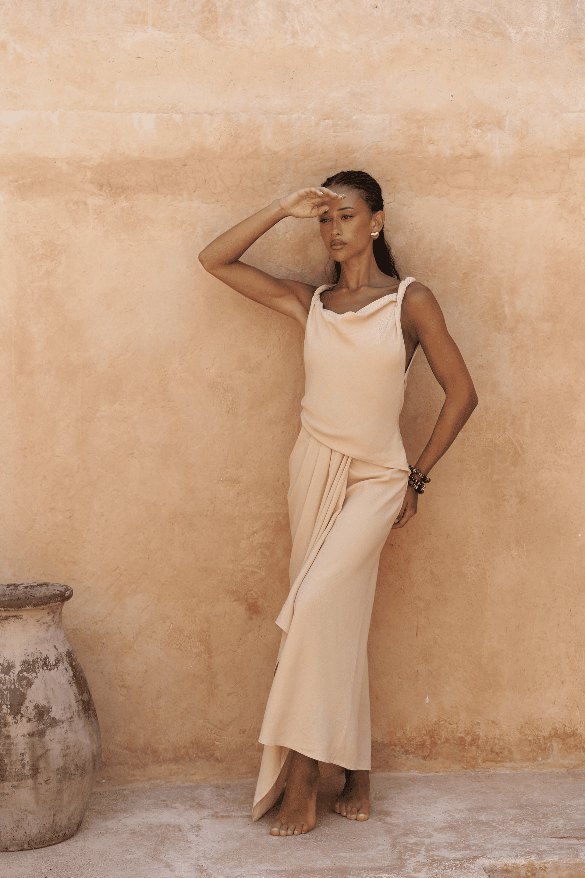 Zimbabue Uzun Sarı Keten Elbise