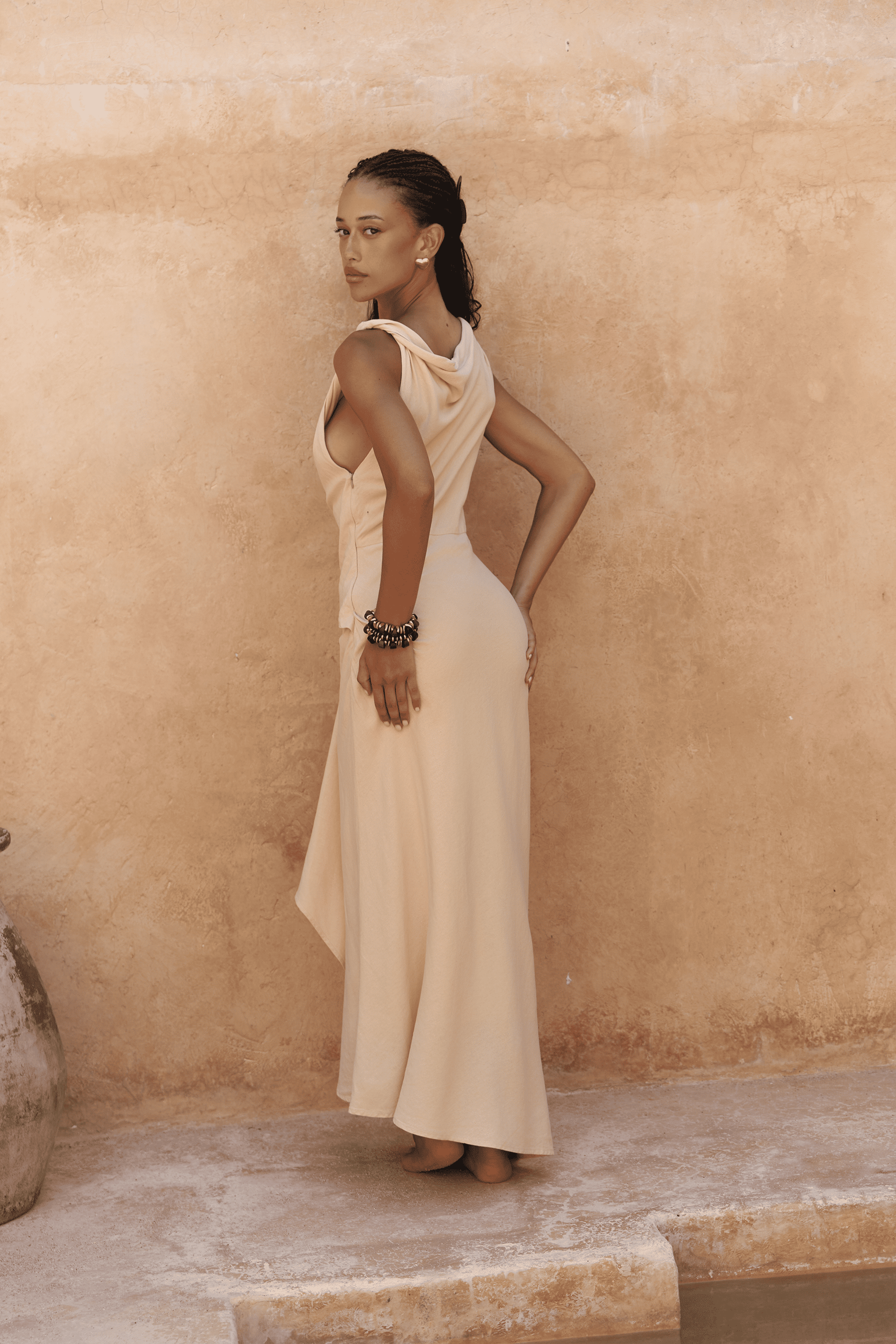 Zimbabue Uzun Sarı Keten Elbise