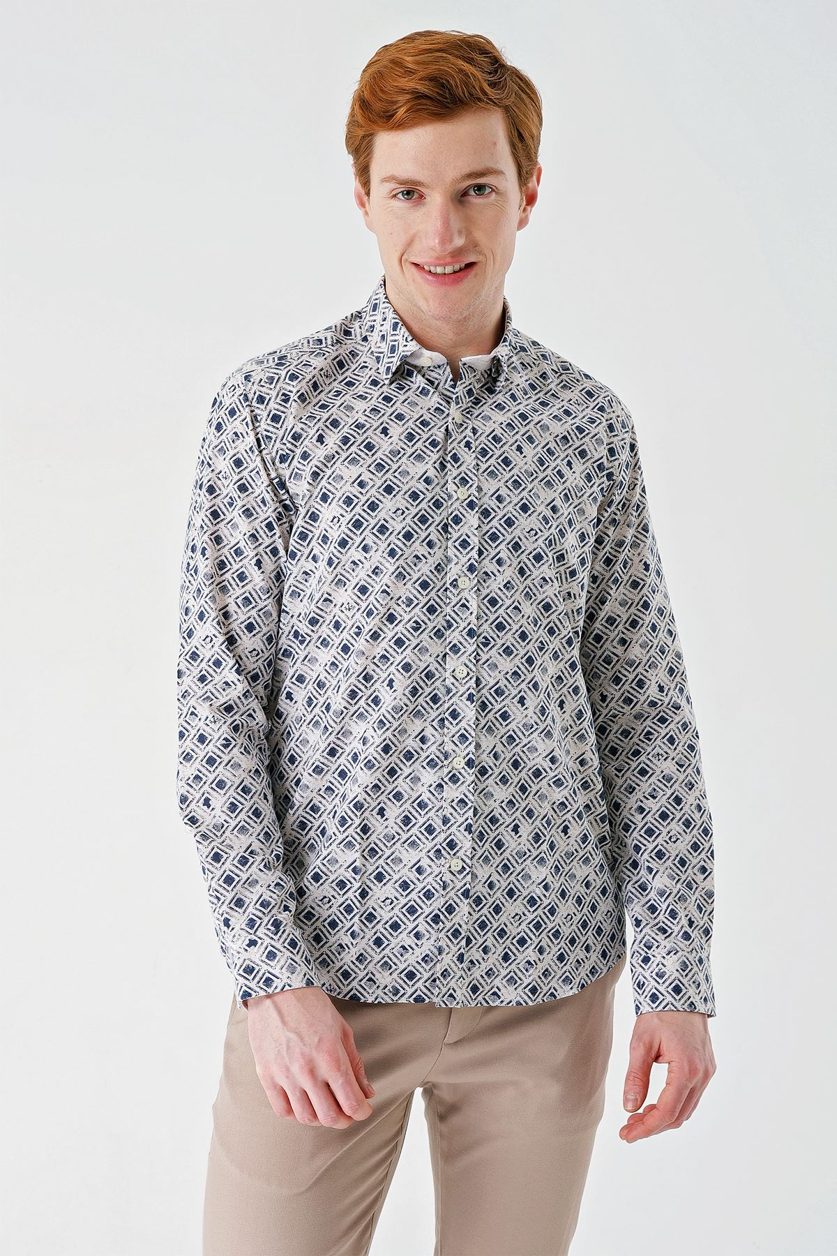 Bej Uzun Kollu Baskılı Garnili Pamuklu Casual Slim Fit Dar Kesim Gömlek 1004240211